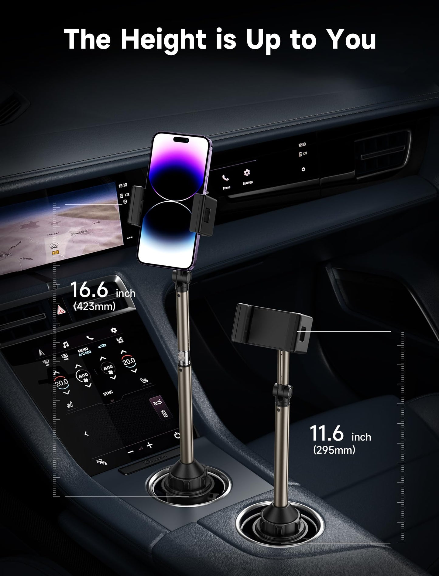 JSAUX car cup holder phone mount, metal long arm stable phone holder for car - adjustable for iPhone 16 15 Pro Max 13 12 11, Samsung Galaxy S24 S23 Ultra, Google Pixel 9 Pro