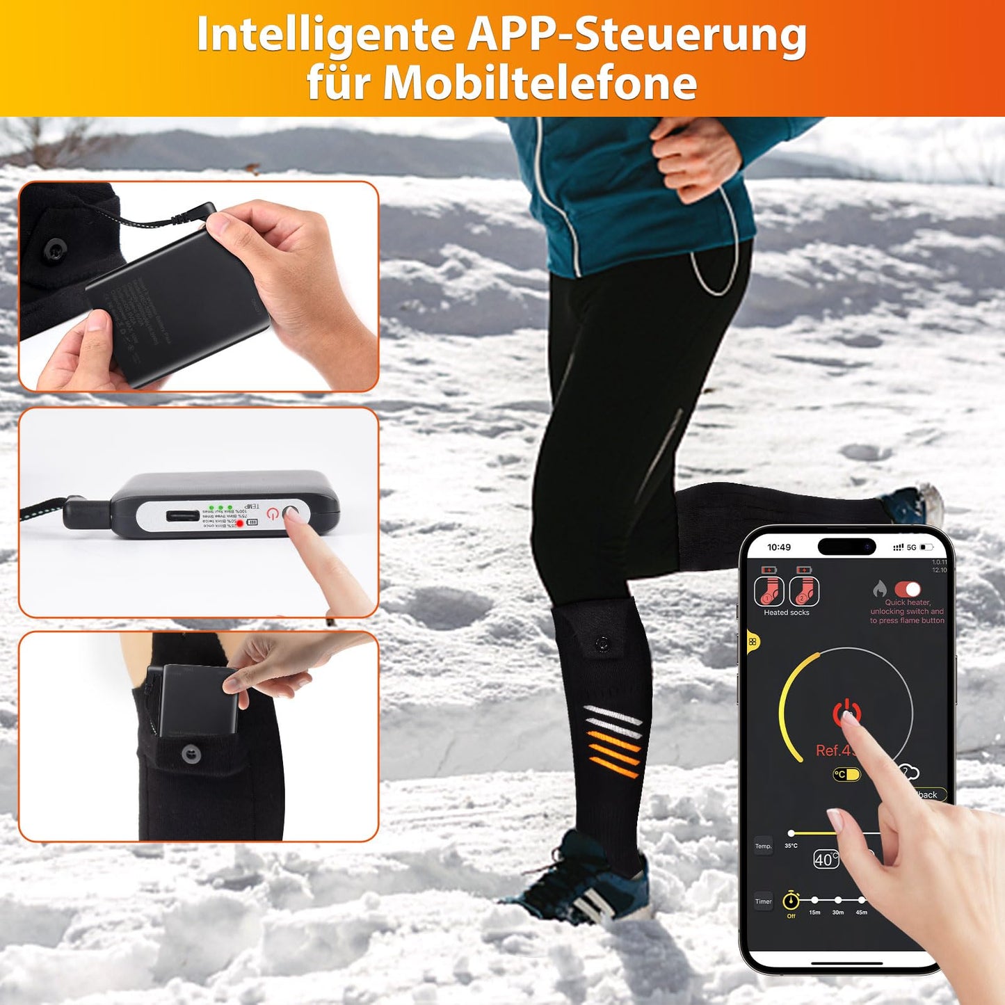 Heated socks, APP Smart Electric Warm Socks 2X5000mAh Heated Ski Socks Thickened Rechargeable Heated Socks, 360° warmth in the forefoot area Winter foot warmer Warm socks For Men Women