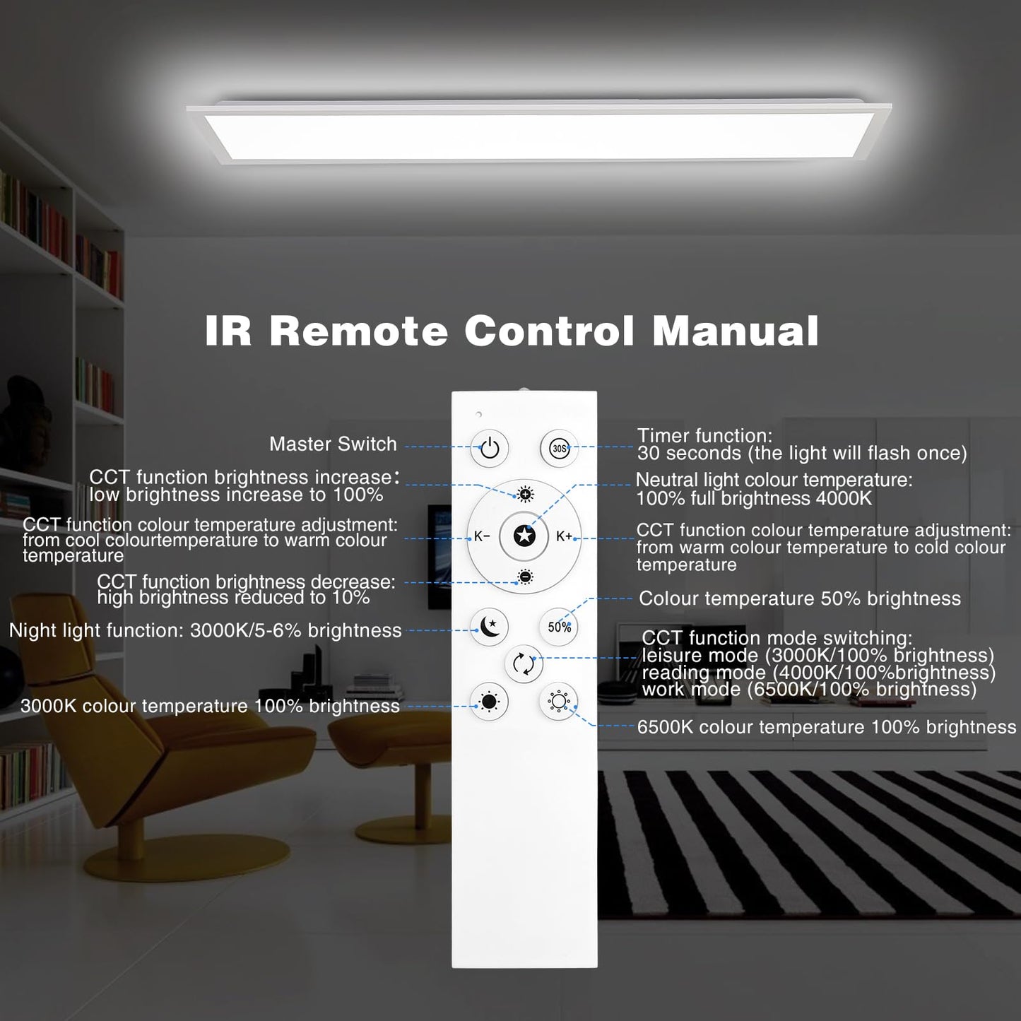 IEGLED LED ceiling light panel, 100x25cm flat dimmable ceiling lamp with remote control, 30W ceiling panel light with memory function, 2700K-6500K LED light panel for living room, hallway, bedroom, White