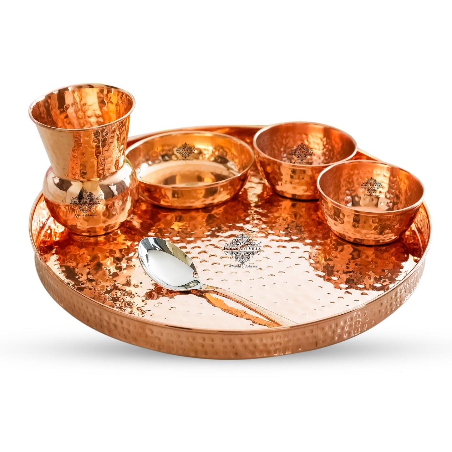 IndianArtVilla Thali/Dinner-Set, handcrafted, pure copper, 8 pieces