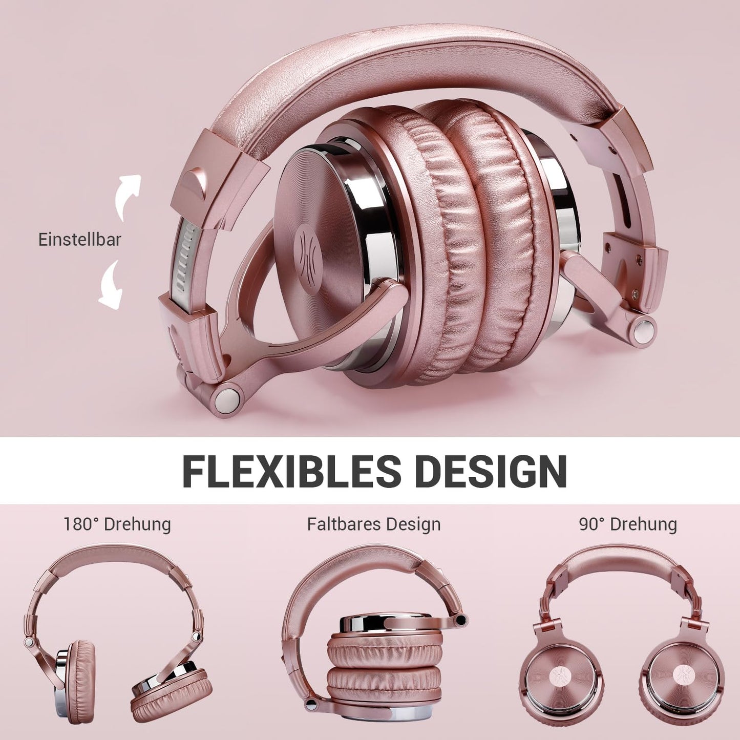 Oneodio Over Ear Headphones With Cable Closed Back Studio Headphones With Share Port Microphone Adapter-Free Professional Bass DJ Headphones for Podcasting, Recording, Monitoring PC Mobile TV Rose Gold