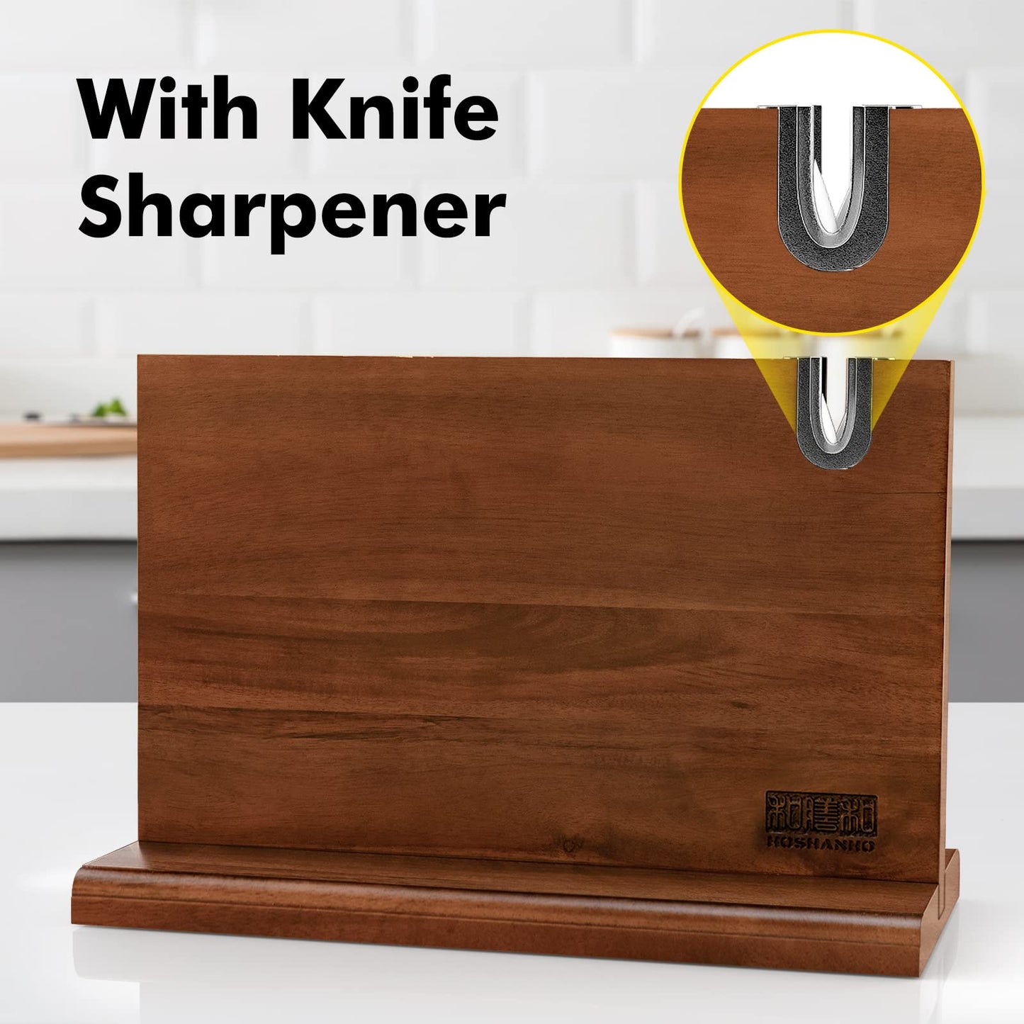 HOSHANHO Magnetic Knife Block with Sharpener, Double-Sided Strong Magnetic Knife Holder, Natural Acacia Wood Magnetic Knife Holder for Kitchen