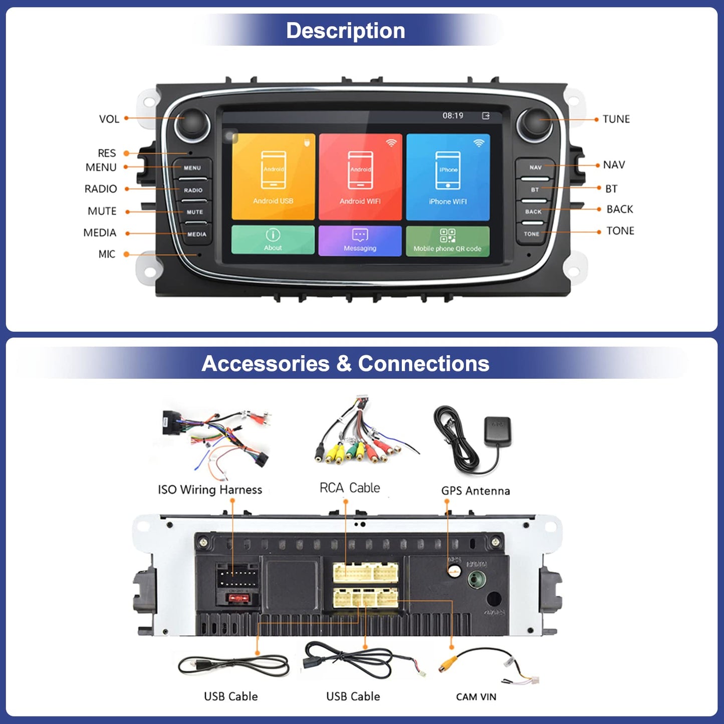 Android car radio for Ford Focus with GPS navigation CAMECHO 7 inch capacitive touchscreen car radio Double Din with Bluetooth/USB/WiFi/FM/EQ Rearview camera for Ford Mondeo S-Max C-Max Galaxy +CANBUS.