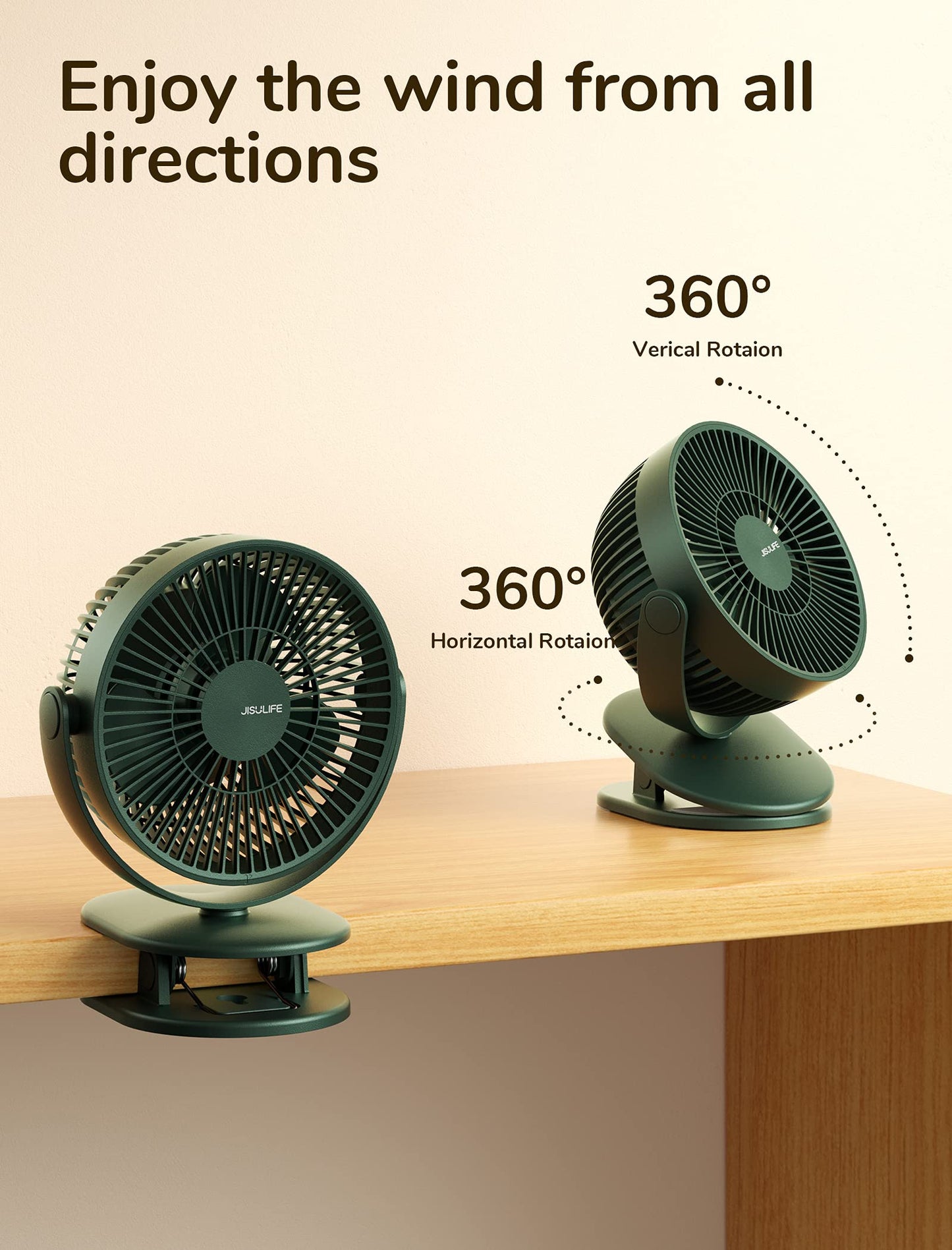 JISULIFE Mini USB Fan, Clip Battery Operated Desk Fan, Very Quiet Small with 4000mAh Battery, 4 Speeds, Up to 14 Hours for Bed, Desk, Crib, Stroller, Car Seat - Green