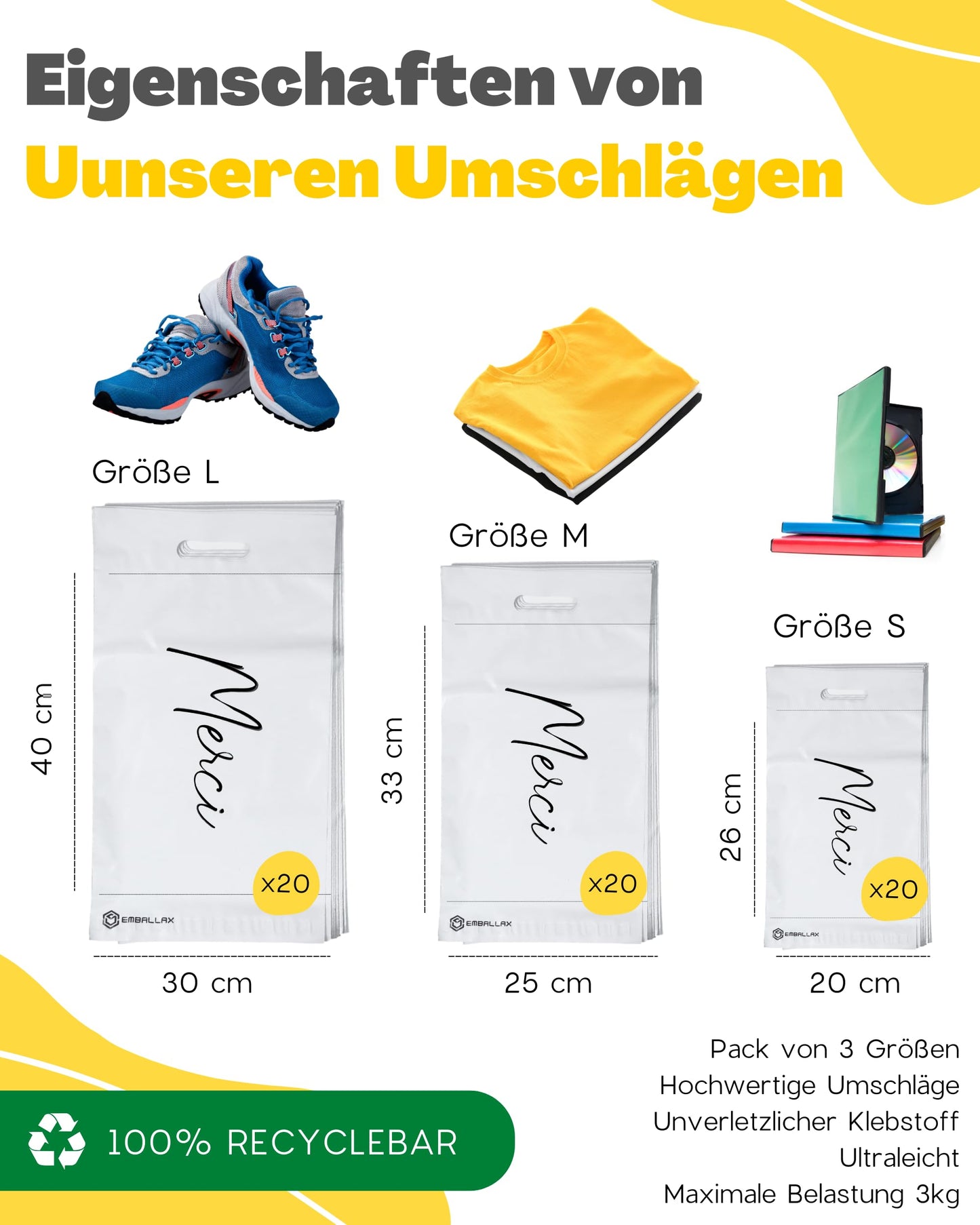 EMBALLAX - 60 shipping bags merchandise shipment - 3 sizes S/M/L - OPAQUE/RESISTANT/WATERPROOF - Shipping bags for clothing - Envelope for boxes - Shipping pouches - Mailer bag - Thank you