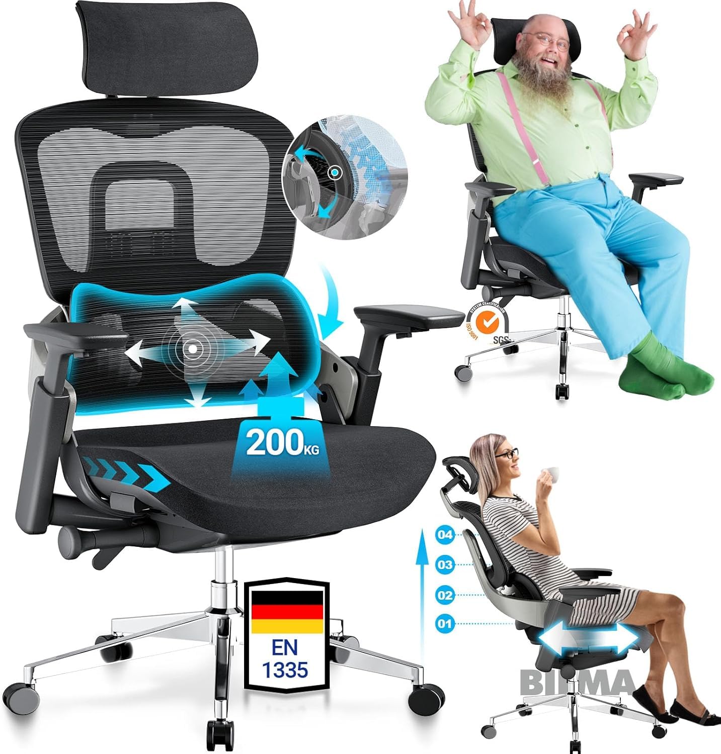 MELOKEA Office Chair 200KG for back pain, with dynamic lumbar support, 4D armrests, adjustable backrest height, adjustable seat depth, EN 1335 Ergonomic Office Chair in Black.