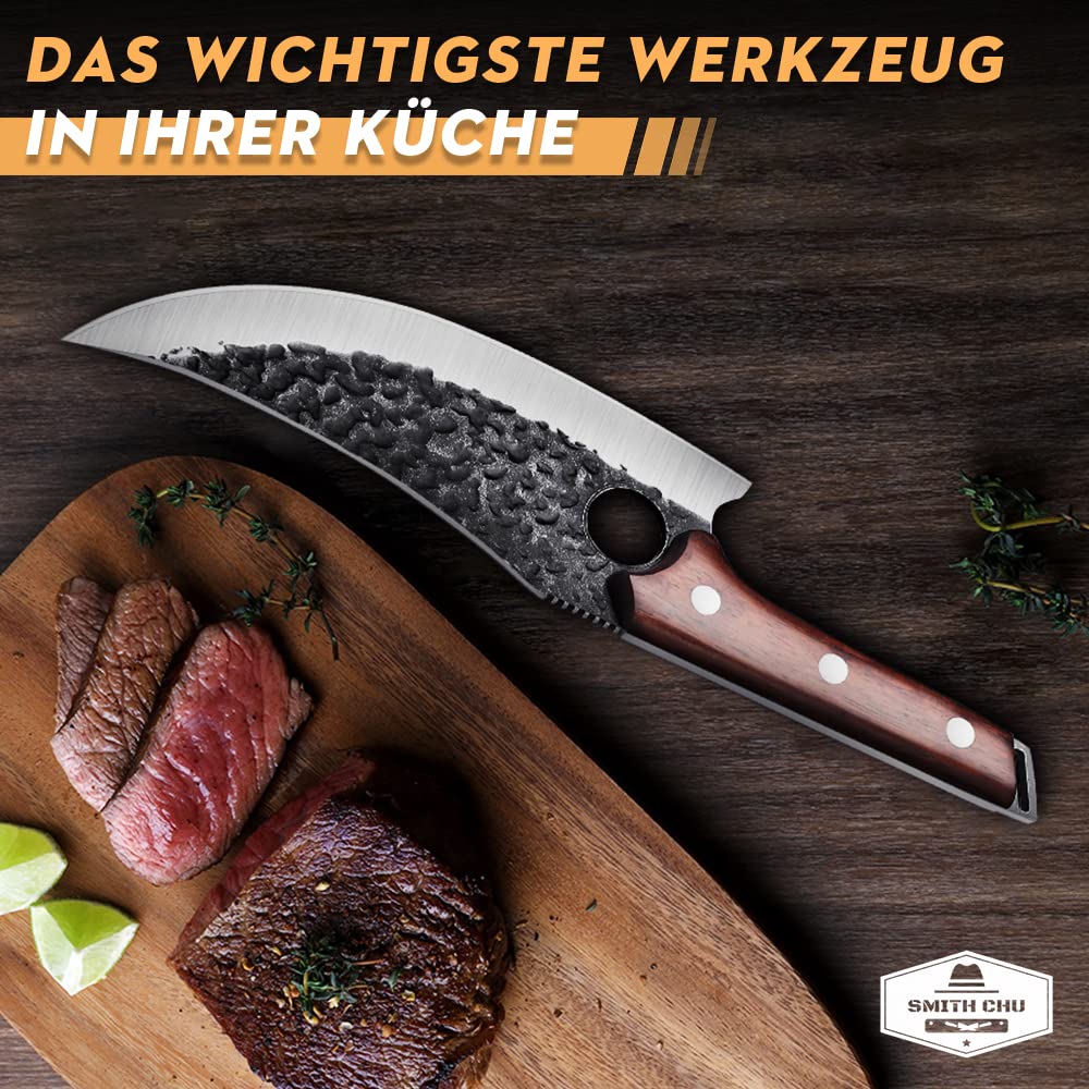 SMITH CHU hand-forged boning knife with leather sheath. Professional kitchen knife, portable camping knife, high carbon steel butcher knife. Full tang multipurpose BBQ tool for home and outdoor use.