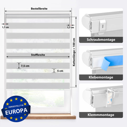 Jalousie Scout double roller blind clamp fix without drilling & with drilling, 92.5x210cm light gray roller window blind translucent & darkening, sun protection blind zebra roller for windows & doors.