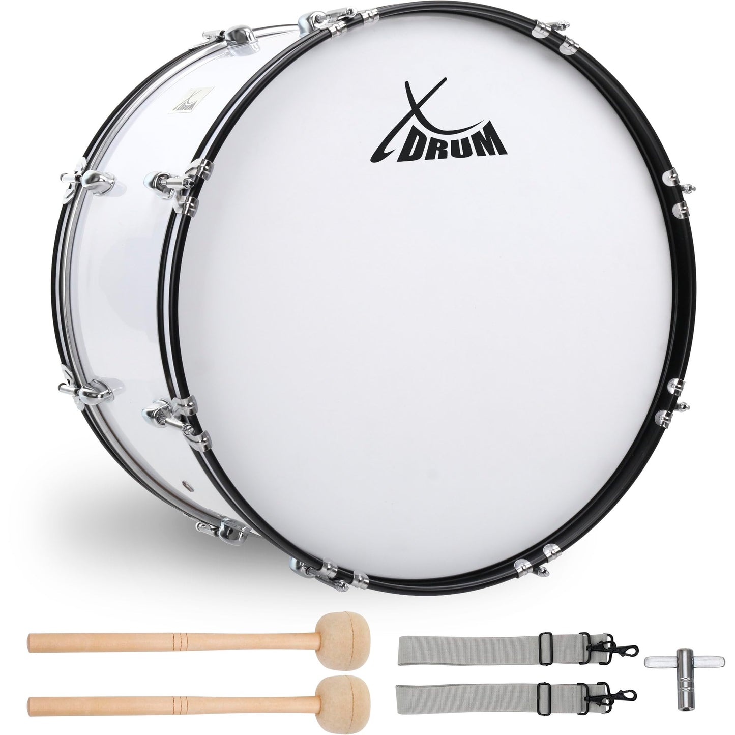 XDrum MBD-226 Marching Bass Drum, Football Drum 26" x 12" (10.5 kg, 4 eyelets, tension rods, includes pair of mallets, carrying straps, tuning key) white