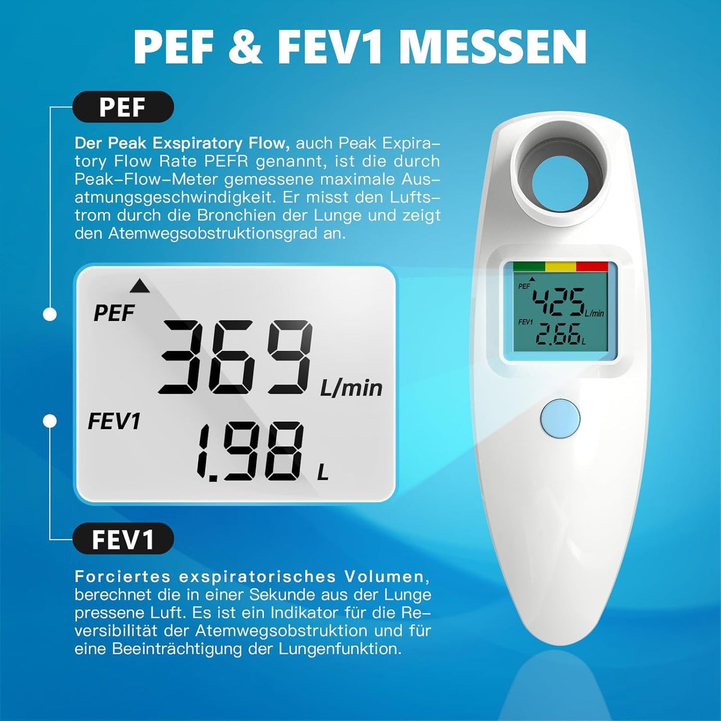 Peak Flow Meter, no Bluetooth, for adults and children to monitor lung function, LCD, digital spirometer for asthma, COPD, PEF & FEV1, risk indicator, diary form.