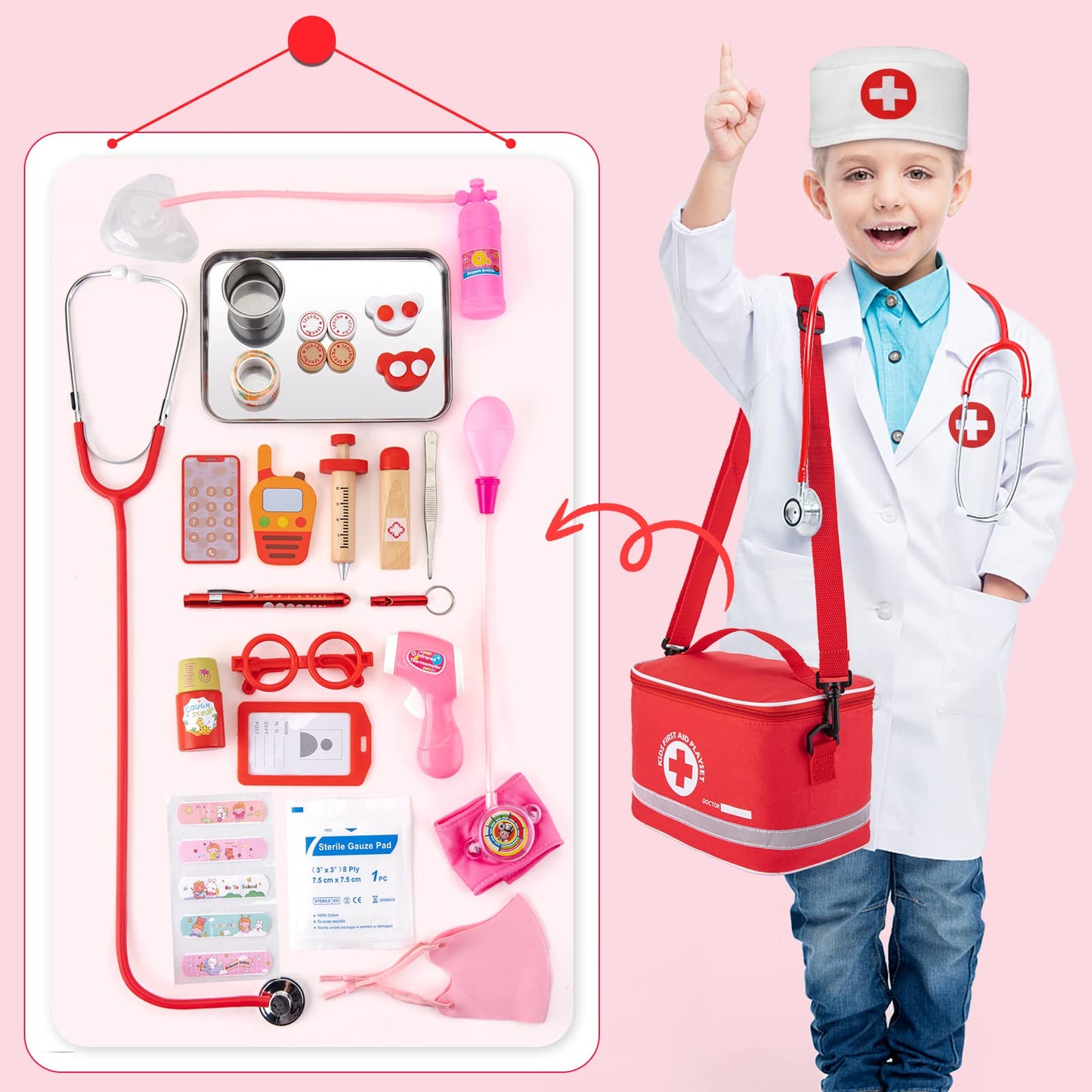 EFO SHM Doctor's Kit for Kids, 34-piece wooden doctor's kit with stethoscope, thermometer, syringe, doctor's bag, and lab coat - Gift for children role-playing toy for ages 3 years and up.