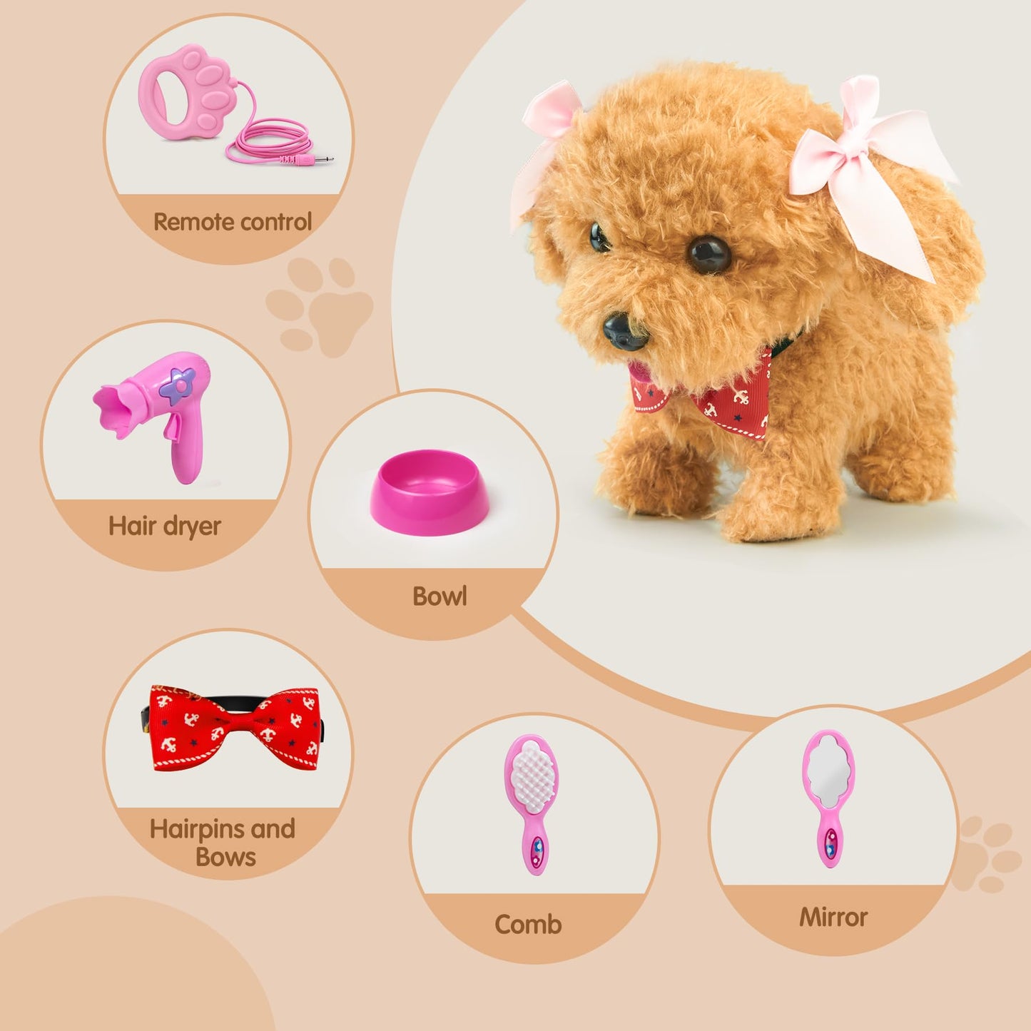 TOMMYHOME interactive toy dog for kids with remote control leash, pull cord, and accessories that can walk and bark. Plush dog toy for children.