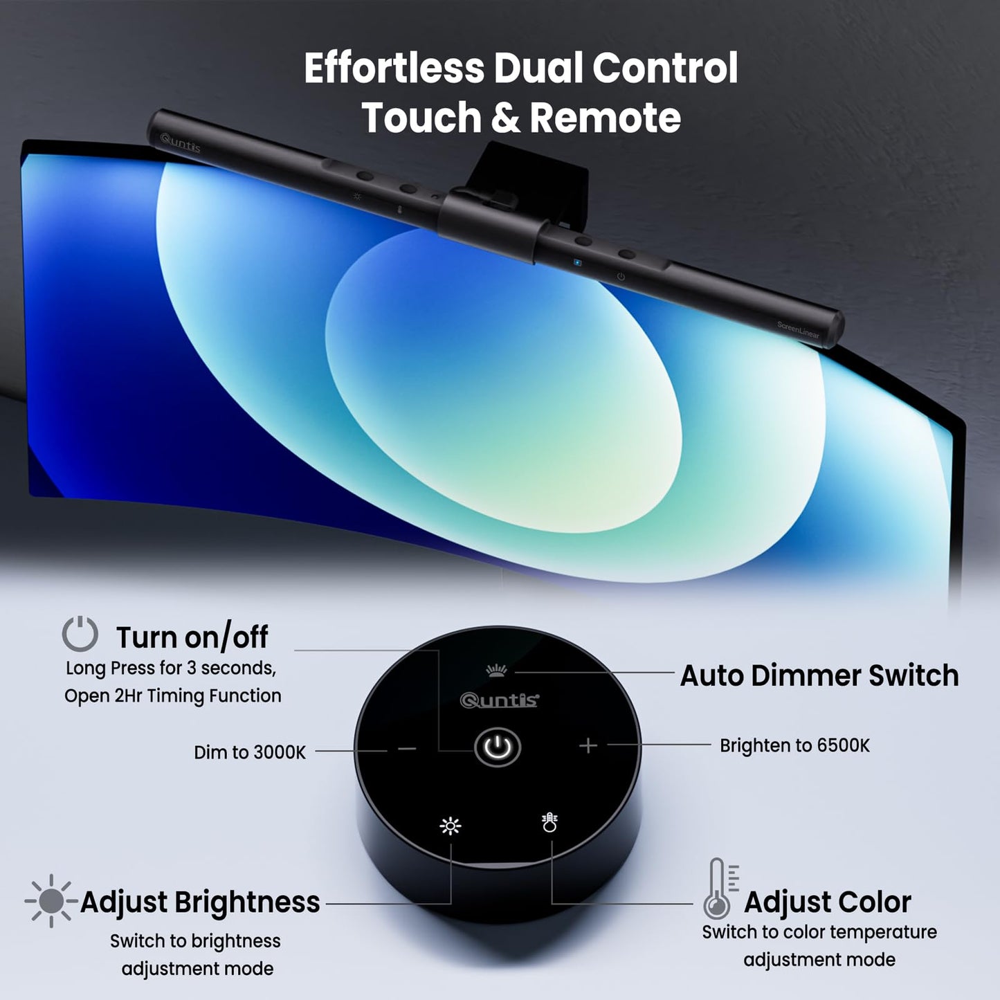 Quntis computer monitor lamp LED with remote control & touch control, 40cm monitor light bar with anti-blue light, screen lamp USB with auto-dimming, PC office lamp