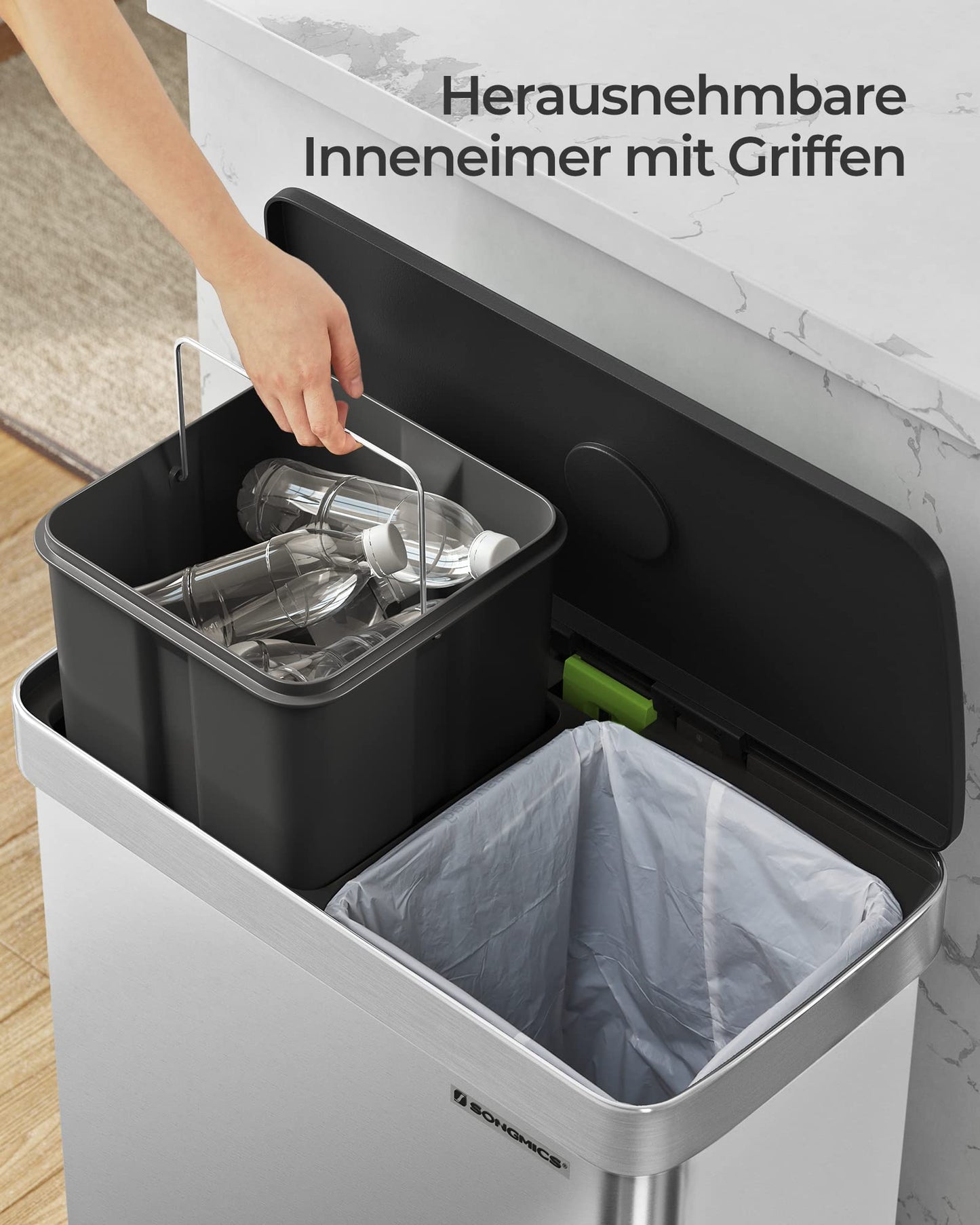 SONGMICS Kitchen Trash Can, 2 x 30L, Waste Separation System, 2 Compartments, 15 Trash Bags, Stainless Steel Trash Can, Plastic Inner Bucket, with Lid, Soft-close, 58 x 31.5 x 59 cm, silver LTB202E01