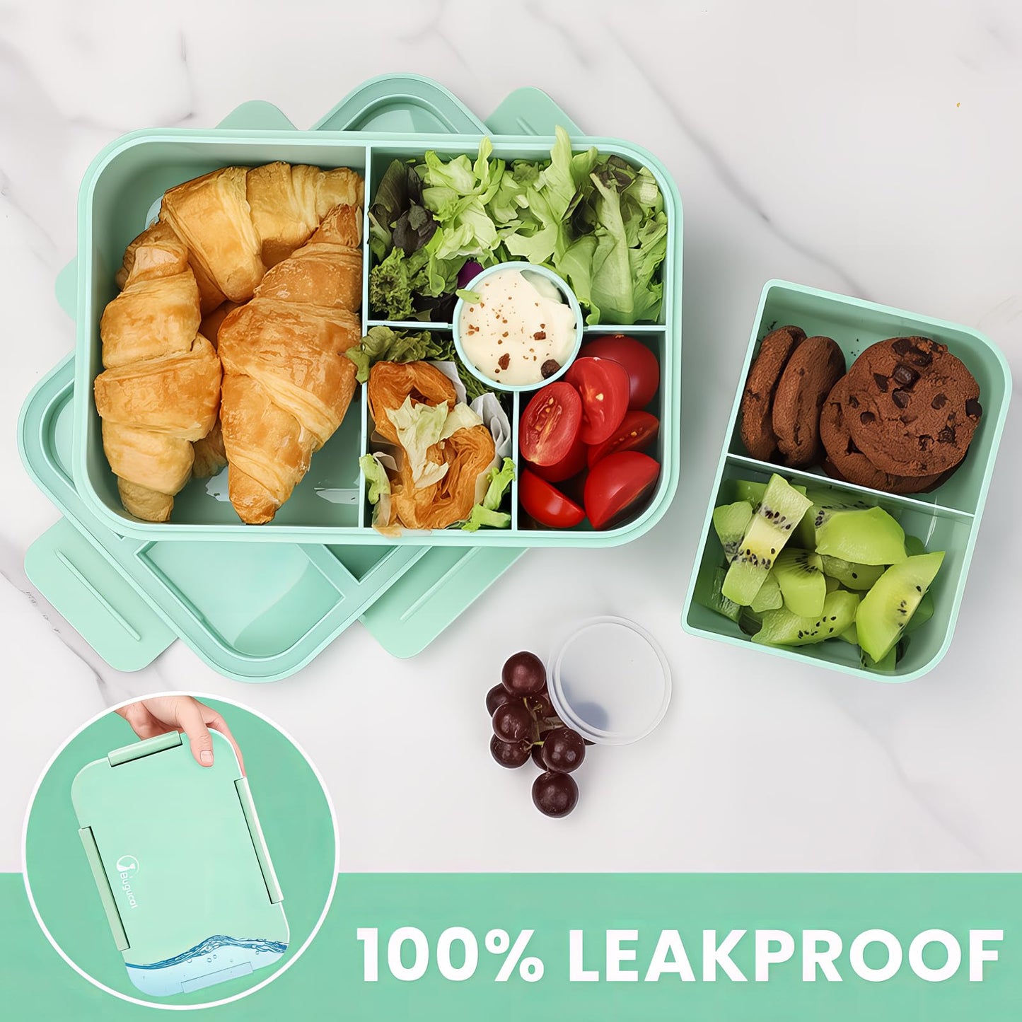 Bugucat lunch box for kids with compartments 1300ML, leak-proof lunchbox with 5 compartments, bento box lunch box with compartments for adults, breakfast box for boys & girls in green.