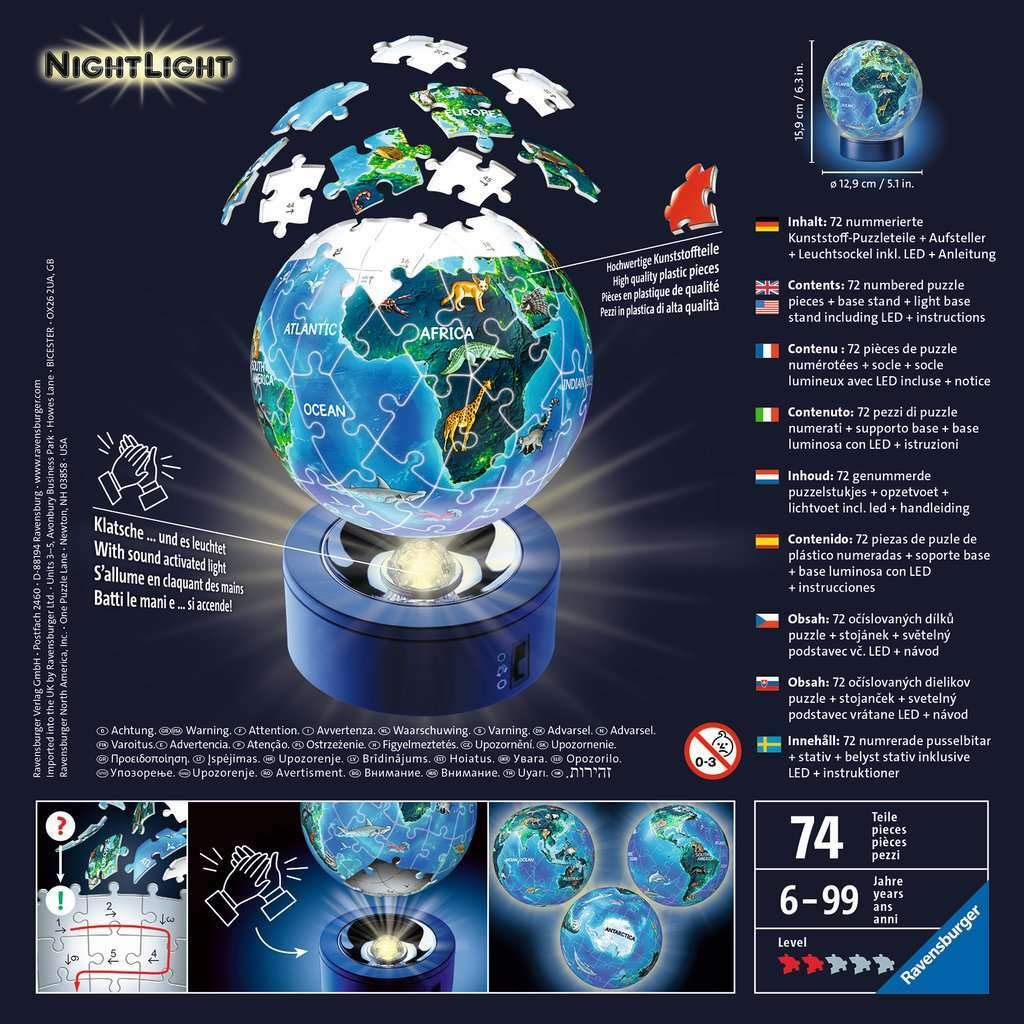 Ravensburger 3D Puzzle 11843 - Nightlight Puzzle-Ball Horses on the Beach - 72 pieces - for ages 6 & 3D Puzzle 11844 - Nightlight Earth at Night - 72 pieces - Puzzle-Ball Globe for ages 6