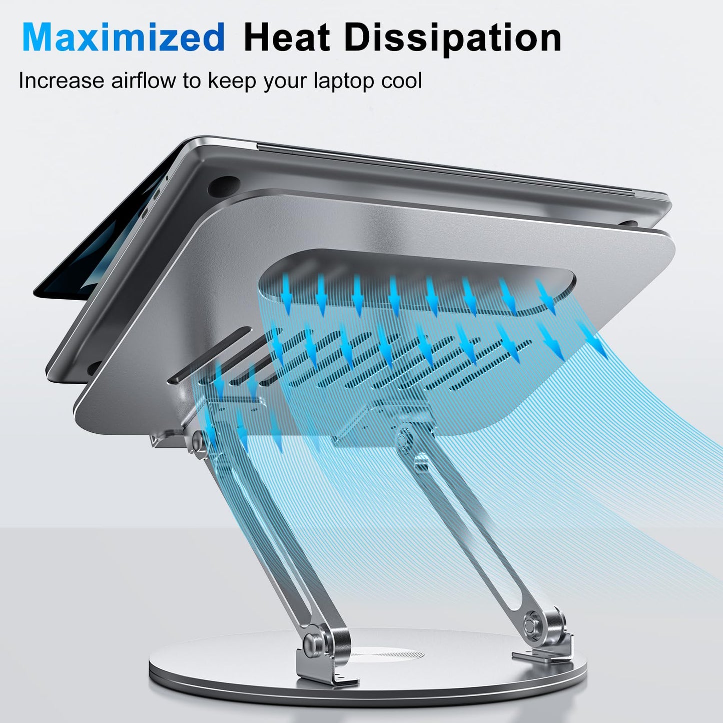 Height-adjustable, foldable laptop stand with ergonomic ventilation and 360° rotating base. Compatible with notebooks, MacBook Air/Pro, Dell, HP, and laptops ranging from 11-16".