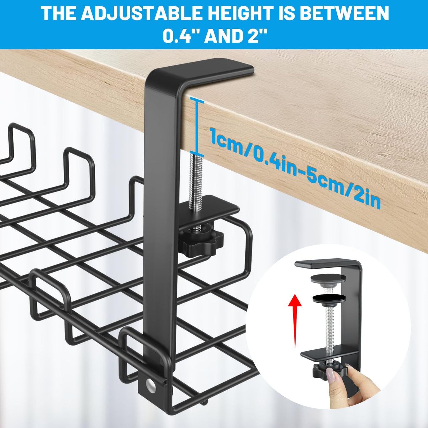 Lannvan Cable Management Desk without Drilling - 2 Pack Steel Desk Cable Organizer - Includes Accessories - Clampable Cable Tray Under Desk - Desk Organizer for Office/Home - Black