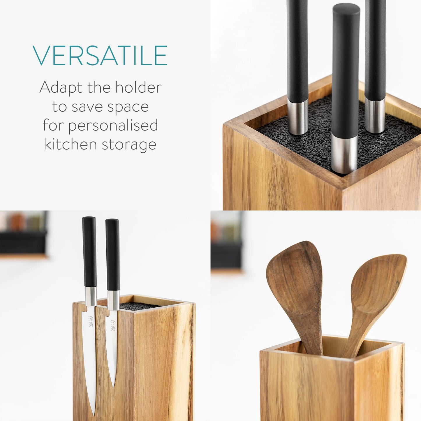 Navaris rotating magnetic knife block made of acacia wood with bristle insert - wooden knife block without knives for kitchen knives, chef's knives, and cooking utensils.