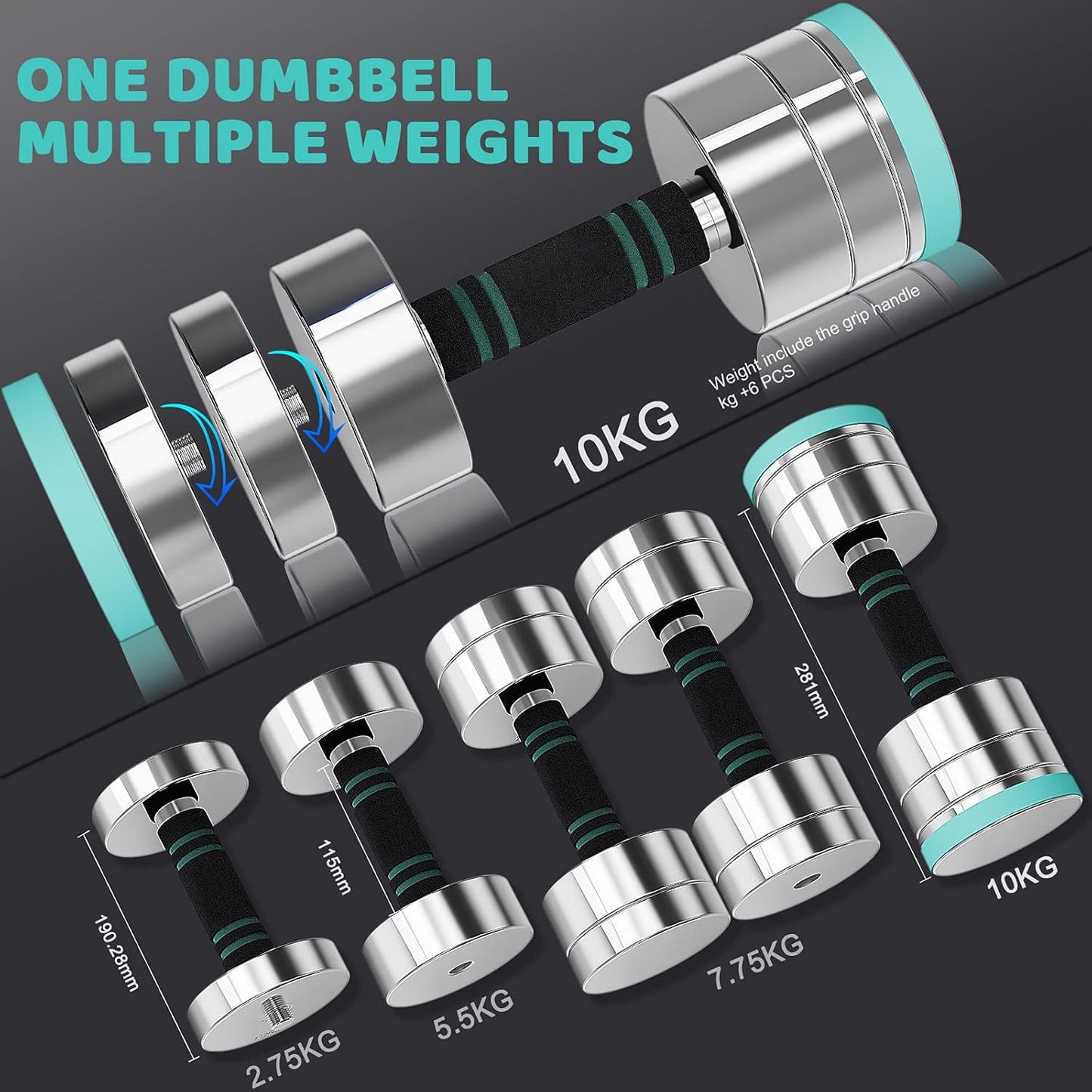 Dripex Dumbbells Set Adjustable Dumbbell 2x10kg, Steel Dumbbells included. 2.5kg 5kg 7.5kg 10kg 15kg 25kg 30kg 50kg Fitness Dumbbells 20 KG with Foam Grip for Home