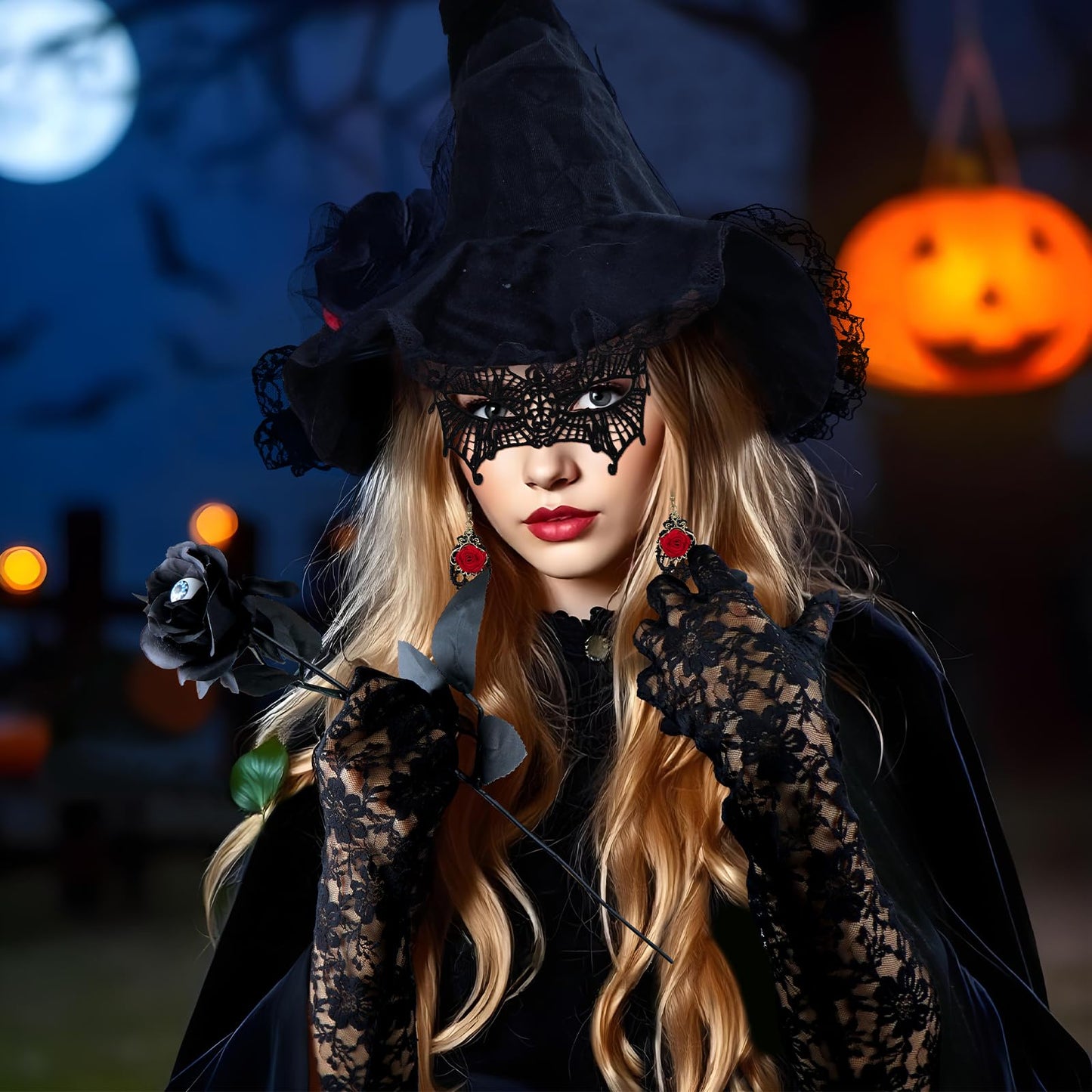 FHzytg Witch Costume Women Halloween, Halloween Costume Women with Black Cape, Lace Mask Necklace Gloves, Halloween Witch Hat, Vampire Sexy Creepy Witch Costume Cosplay Party