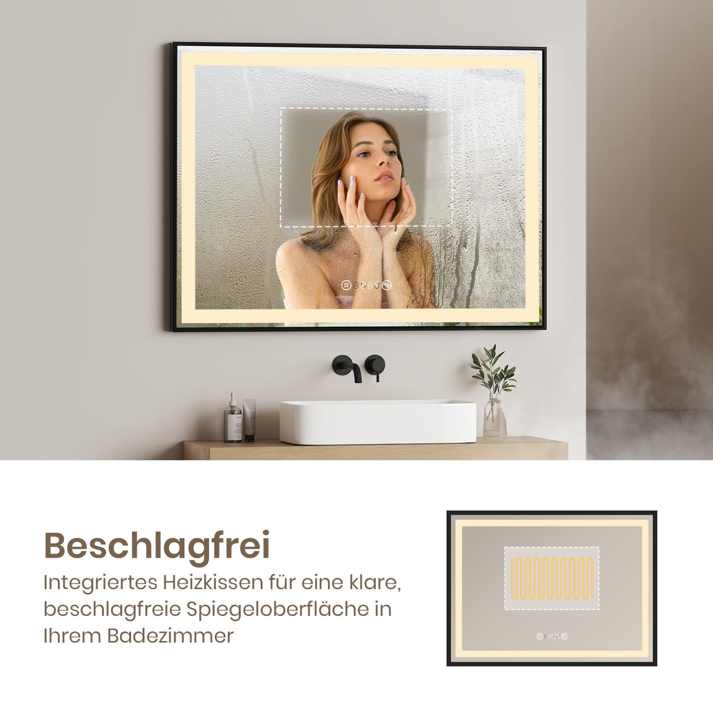 EMKE Bathroom Mirror with Lighting 80x60cm, black with touch control, dimmable, anti-fog, clock, memory function, and neutral light 4300K, energy-saving wall mirror IP44