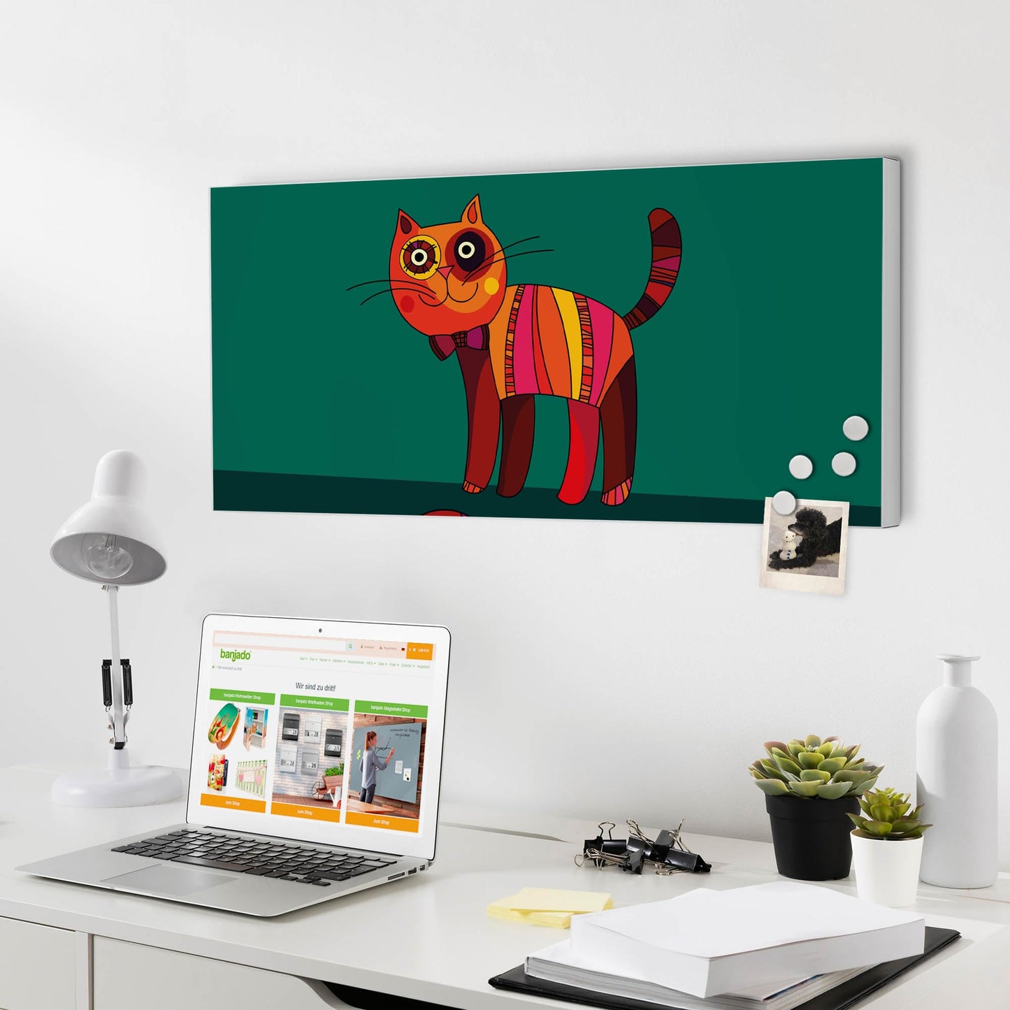 banjado magnetic board white 78 x 37cm / metal magnetic board as memo board/pinboard for kitchen, office, children's room incl. 4 magnets & mounting kit - design orange cat