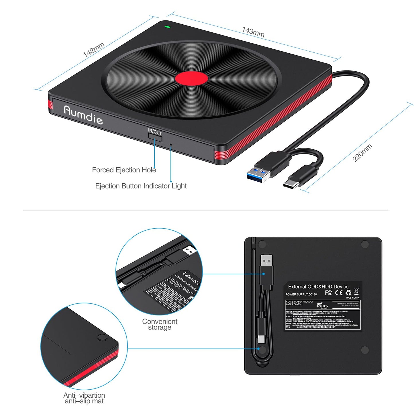 External DVD CD Drive, USB 3.0 & Type-C Portable CD DVD +/-RW Burner Optical Drive External CD ROM/DVD Drive for PC Laptop Desktop MacBook Windows 11/10/8.1/7 Linux/Mac