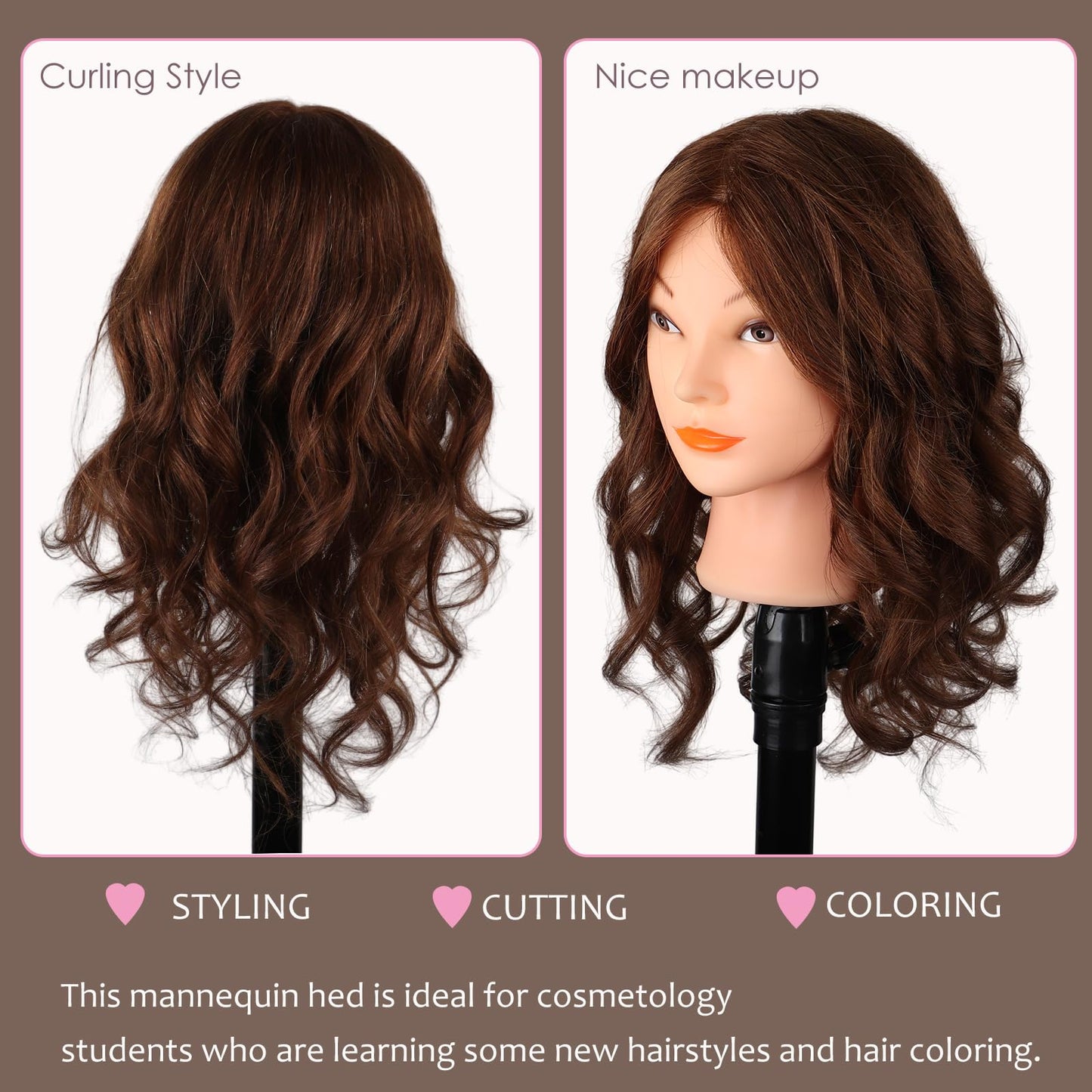 DaizySight Adult Mannequin Head 100% Real Hair, Hairdressing Training Head for Styling and Children, Practice Head Mannequin with Clamp and Hairstyling Tool, Length: 46cm, Dark Brown