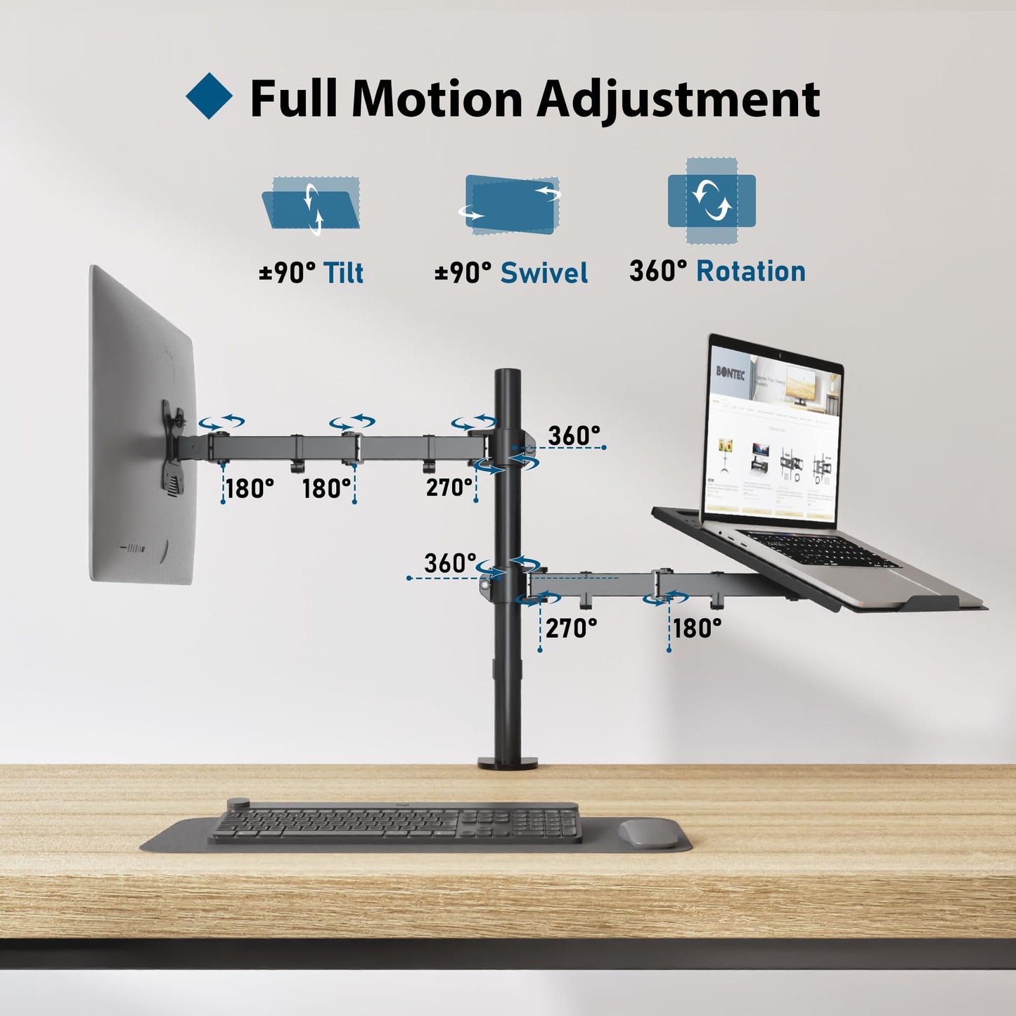 BONTEC Monitor Stand with Laptop Arm for 13-32 inch LCD LED Screen up to 15.6" Notebook, Tilt, Swivel, Monitor Laptop Mount Desk with Clamp, VESA 75x75-100x100mm.