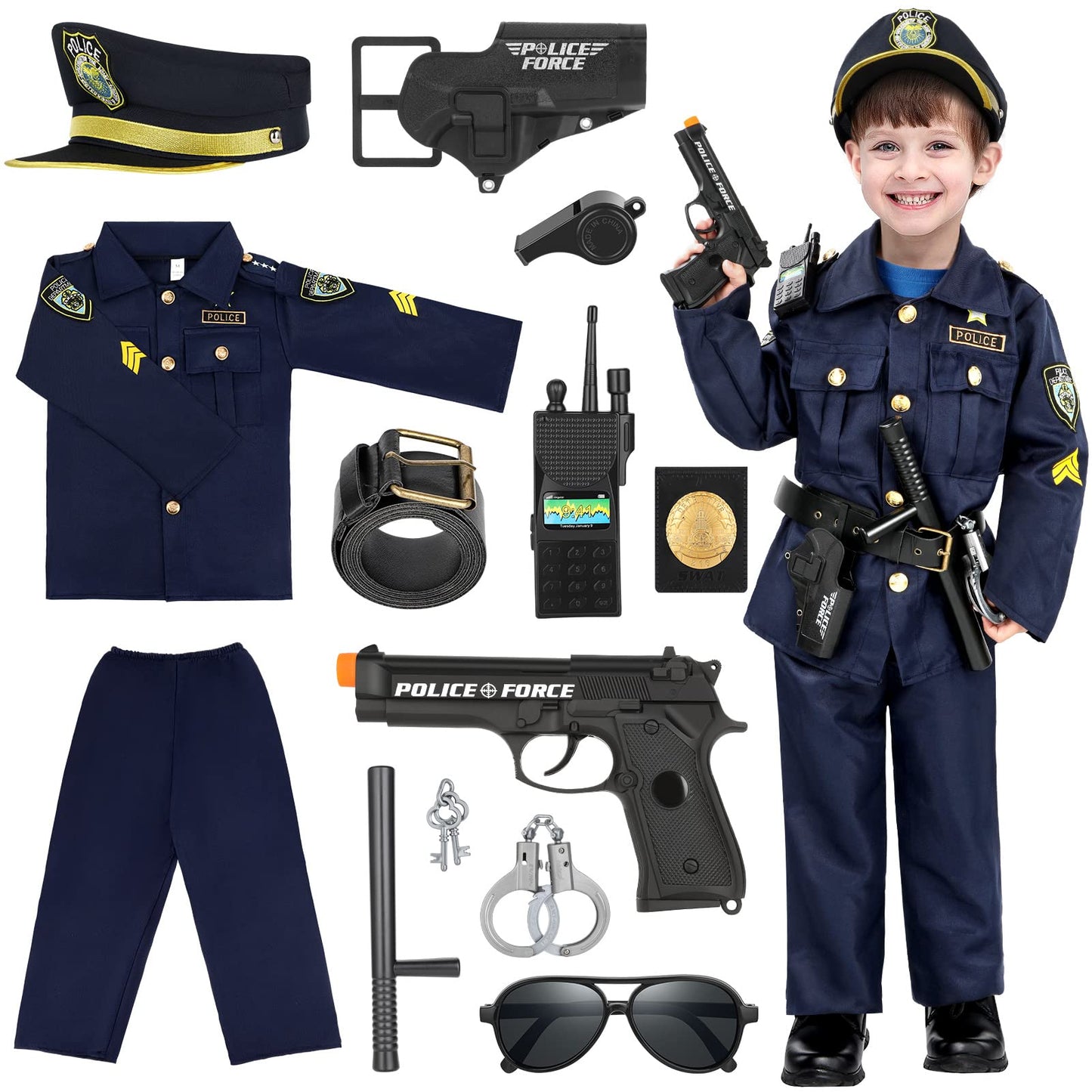 INNOCHEER Police Costume for Kids, Police Costume for Boys, Police Toy for Kids Boys Halloween Carnival (Police Costume for Kids, Medium-(5-7 Year))