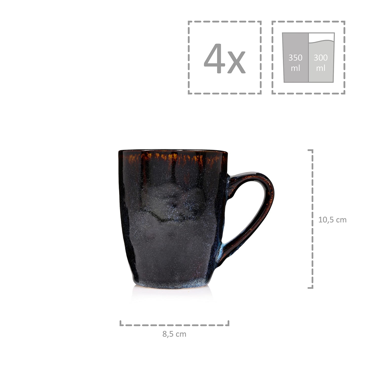 Singer | Coffee cup set Tokyo 4 pcs, coffee mug set for 4 persons, stoneware cup dishwasher safe, handmade cup set, mug set blue-black with brown accents 300 ml | PREMIUM COLLECTION