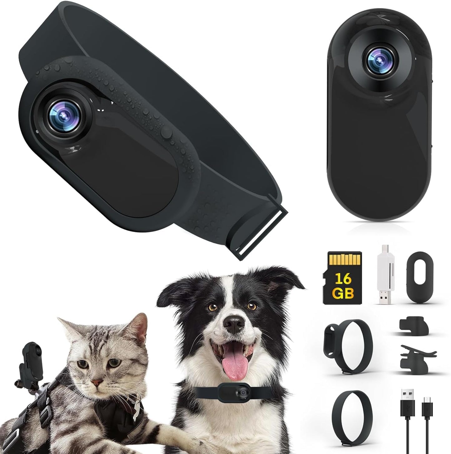 Dog camera Cat camera Collar Pet Camera with 16GB SD Card, Cat collar Dog collar Adjustable with Mini Storage Camera, HD 1080P Dog Cat Surveillance Camera Pet Camera Outdoor/Indoor