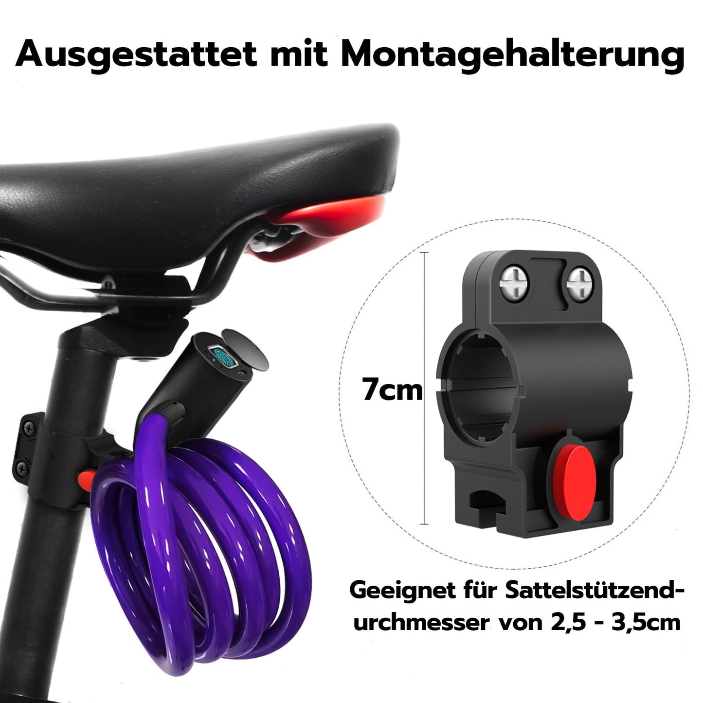 Anweller bike lock with fingerprint, 1.5m cable lock waterproof portable with bike lock holder, smart lock recordable with 20 fingerprints, anti-theft security made of 12mm steel wire.