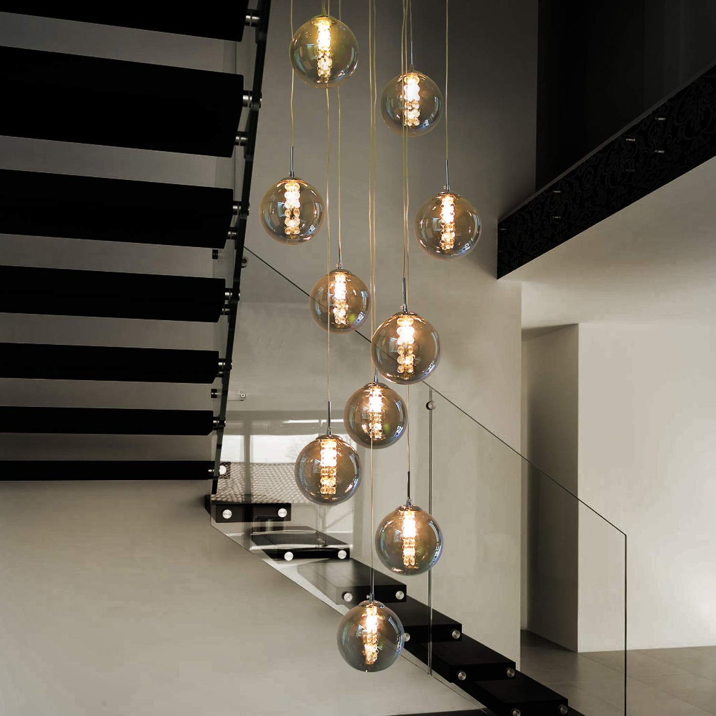 CBJKTX pendant light staircase pendant lamp height adjustable - modern dining table pendant light 10-flame hanging lamp smoke grey made of glass 200CM dining table lamp for living room dining room kitchen hallway staircase
