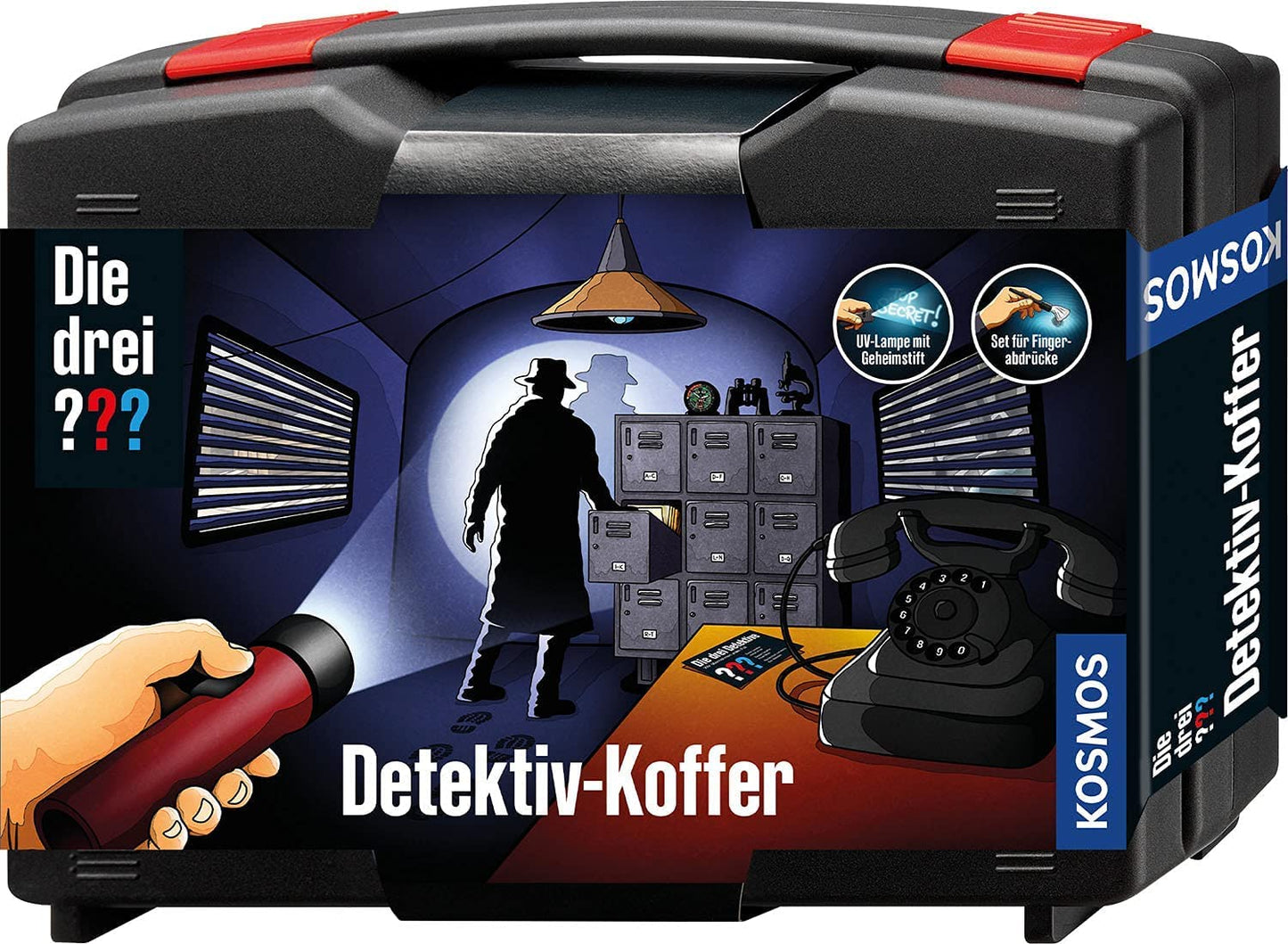 The Three Investigators Detective Case from KOSMOS, detective toy set for kids aged 8 and up with fingerprint powder, essential tools, and expert tips for investigation.