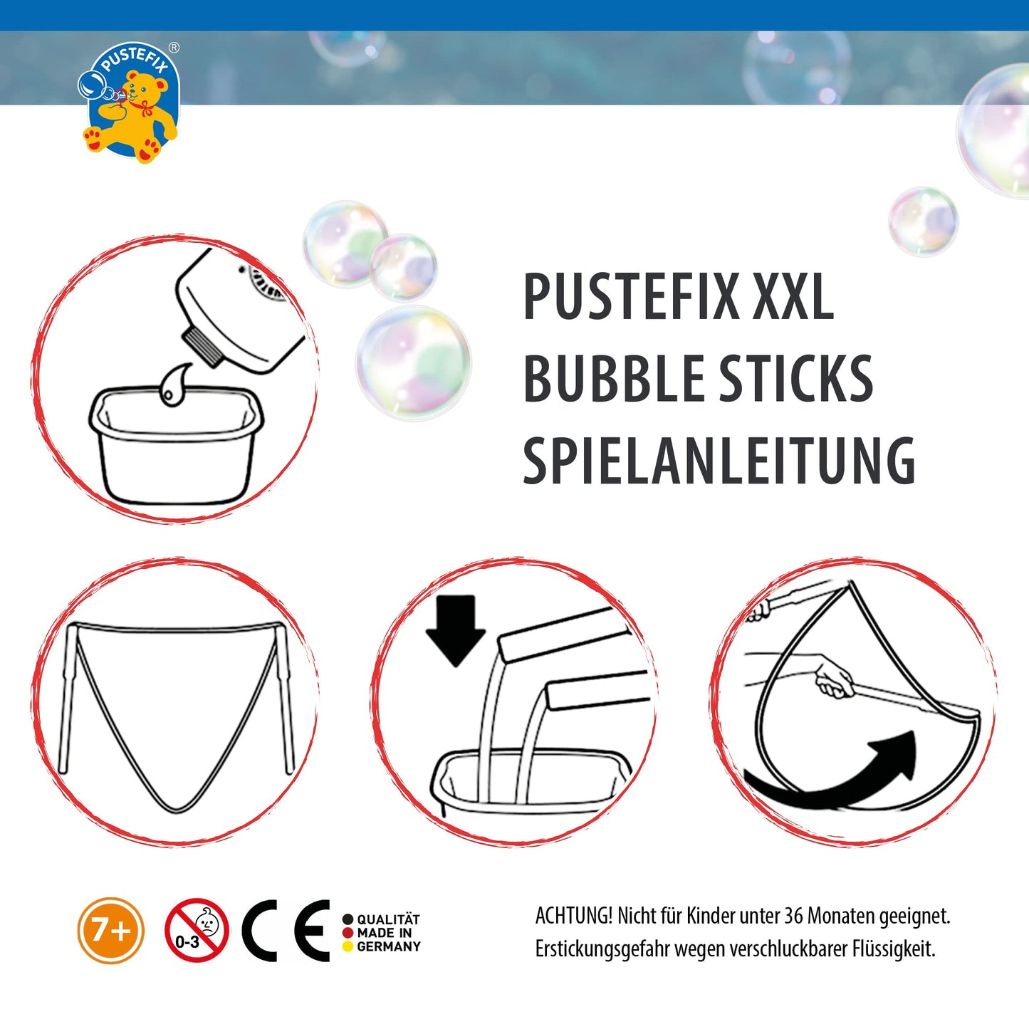 PUSTEFIX XXL-Bubbles + refill bottle Maxi 1 liter I Bubble solution and accessories I Colorful bubbles Made in Germany I For weddings, children's birthdays, civil ceremonies, bachelor parties I Giant bubbles