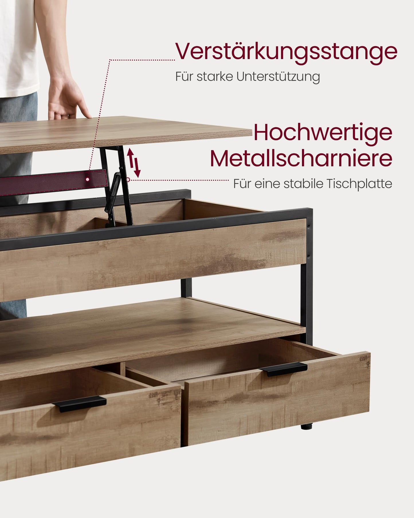 VASAGLE coffee table, adjustable living room table, with drawers, open compartment, 50 x 100 cm, camel brown-ink black LCT209K02