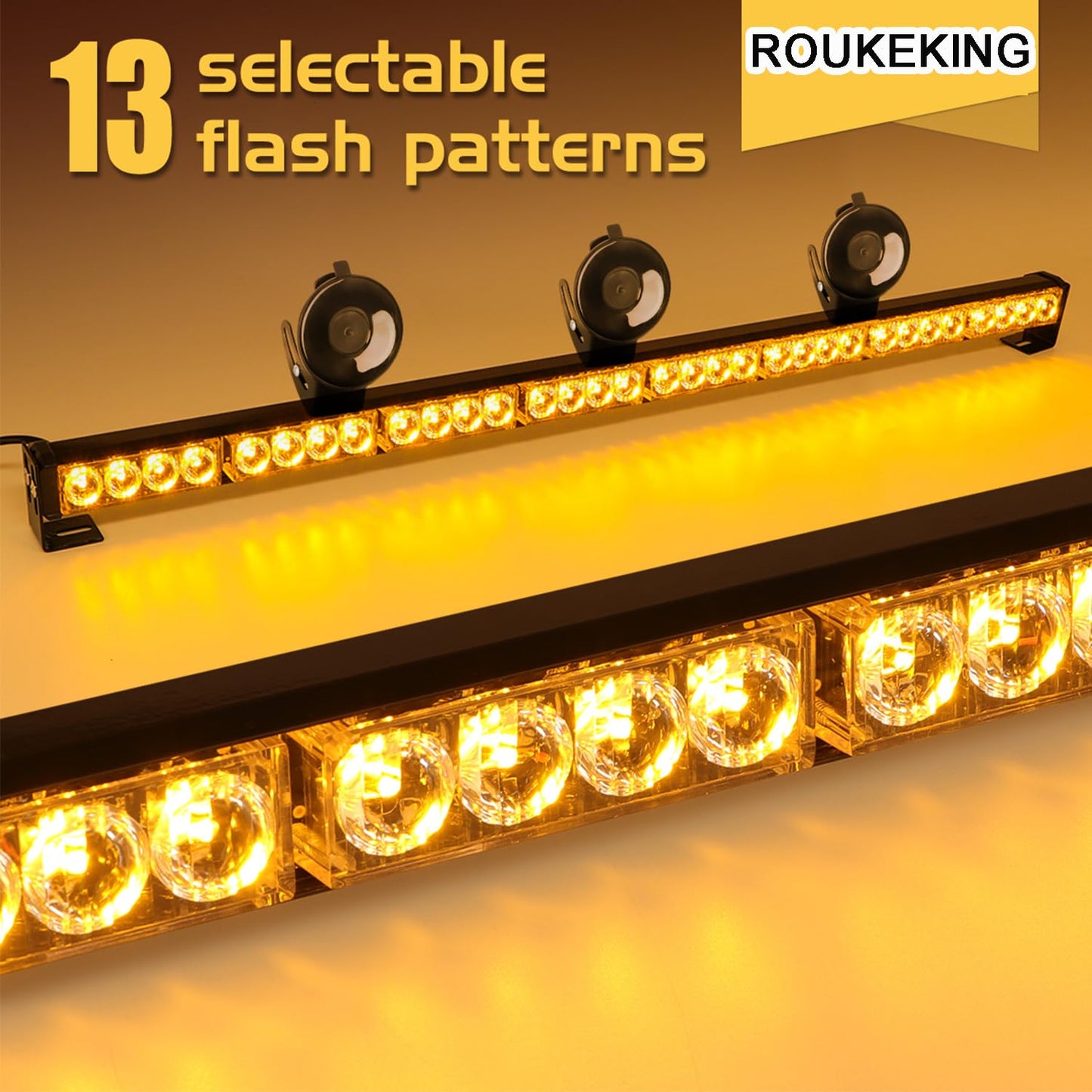 90 cm emergency light bar - 32 amber LED warning strobe lights, 13 flash patterns, traffic advisory bar, strobe safety lights with cigarette lighter (Amber)