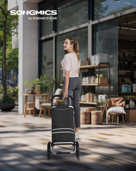 SONGMICS shopping trolley, cart, shopping cart with cooler compartment, large, 35 liters, foldable, shopping bag with wheels, detachable bag, black KST03BK