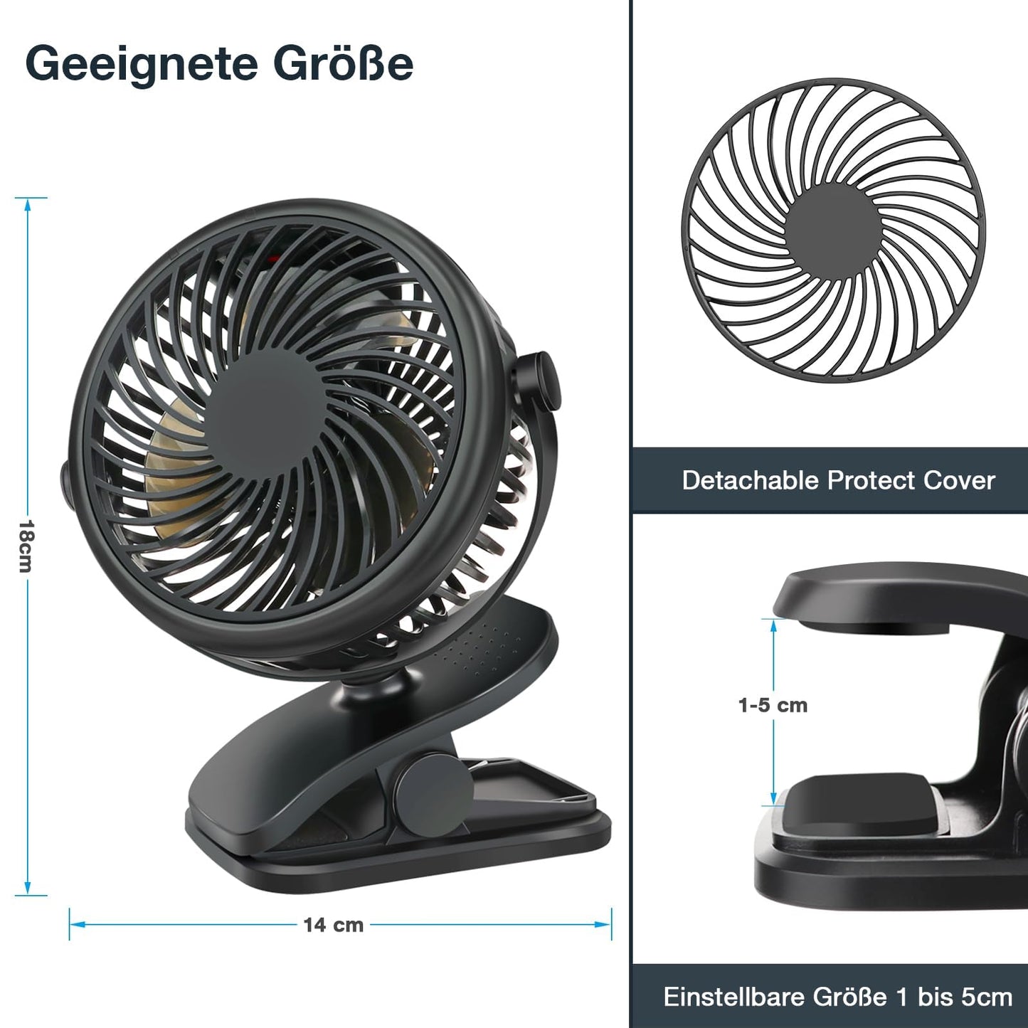 GMGXX USB fan, Portable 4800mAh battery fan, Mini fan with clip & 3 speeds, 720° rotatable fan quiet for bedroom, office, car, camping, stroller