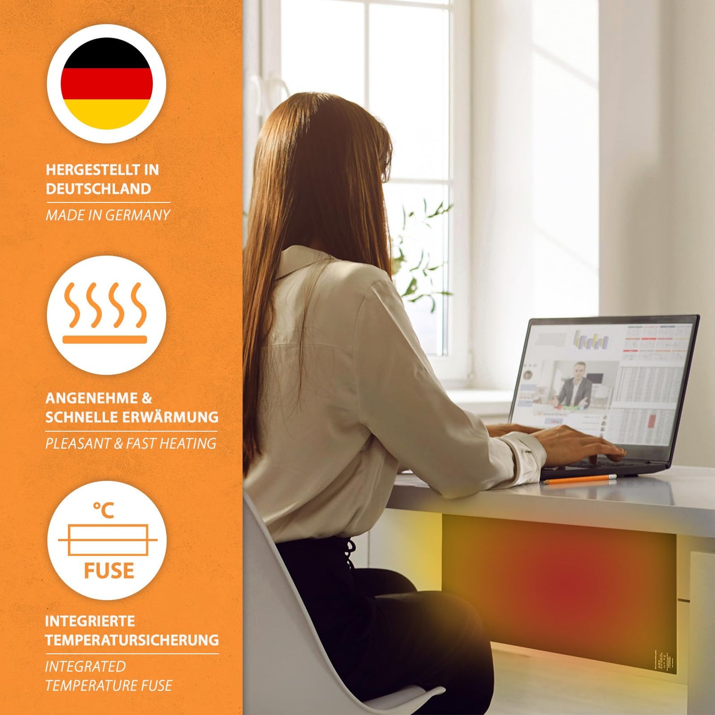 Infrared heat panel desk heater 30x60cm 150W with dimmer for stepless control, IR office heater for warm legs, self-adhesive for the desk/worktable.