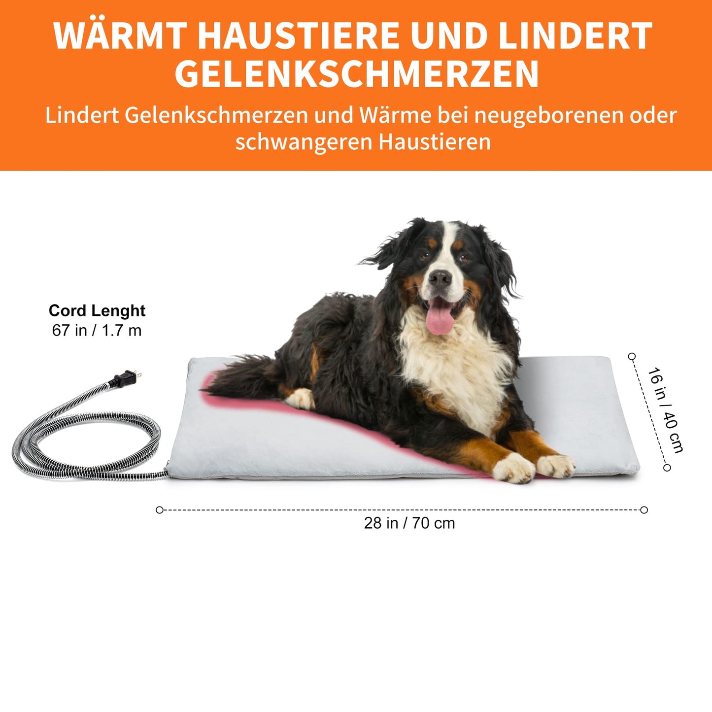 Toozey outdoor pet heating blanket with waterproof cover and chew-resistant cable, automatic temperature control for newborns, pregnant, elderly, joint-injured cats and dogs, 70x40cm.