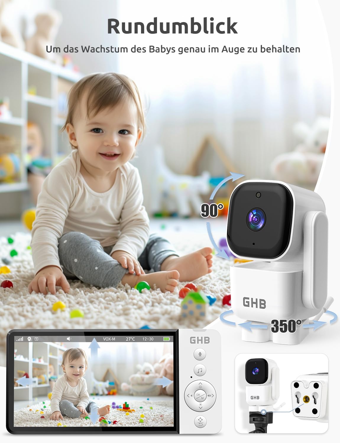 GHB baby monitor with camera 5 inch 350° rotation 5000mAh night vision VOX mode digital zoom two-way talk temperature display 720p ABM720