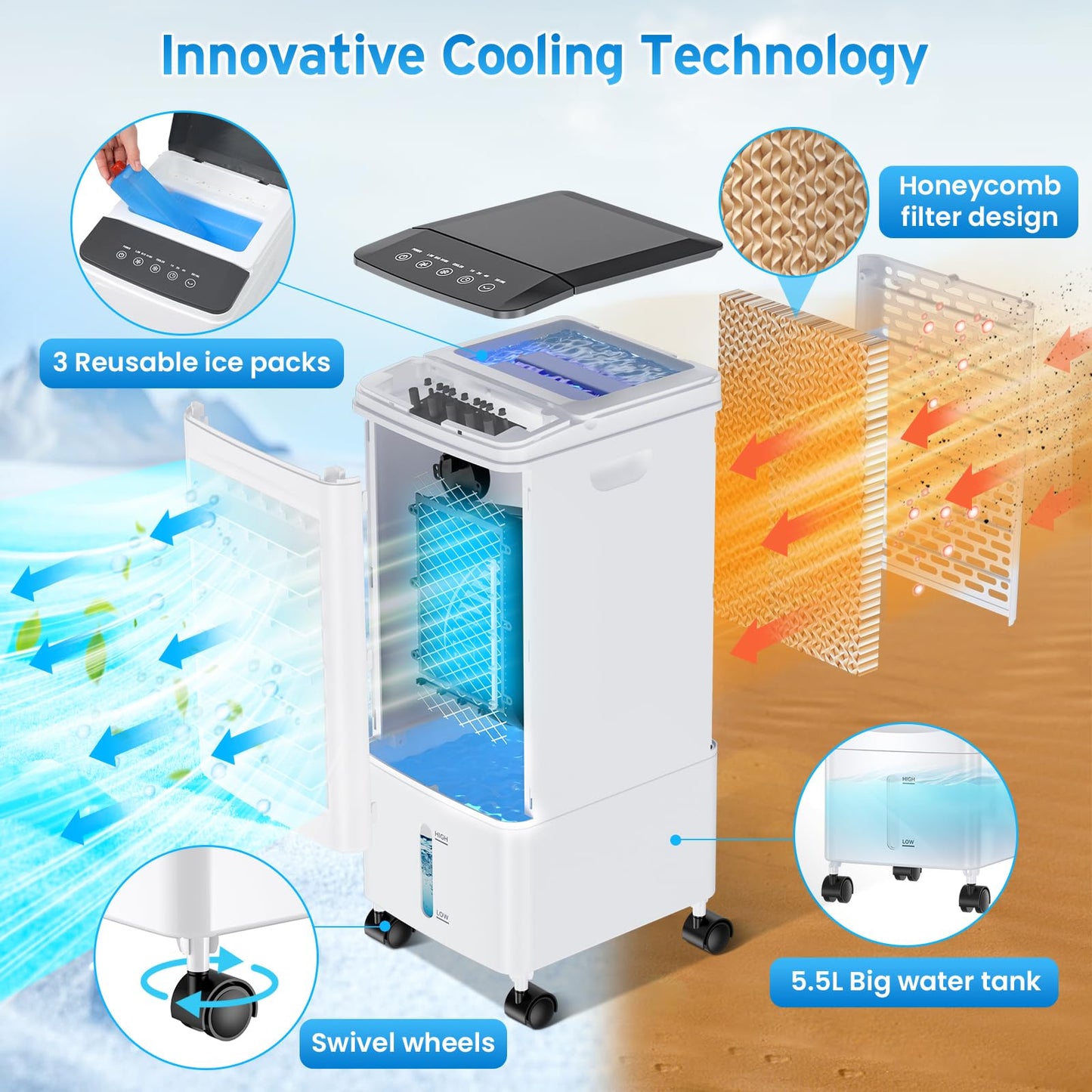 Air Conditioning Portable Air Cooler with Water Cooling Air Conditioning Without Exhaust Hose 60W Evaporative Cooler Oscillating 6L Water Tank 7h Timer 3 Cooling Packs