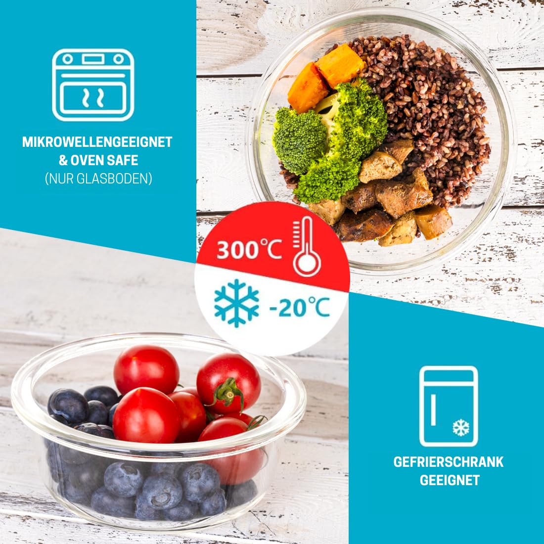 Igluu Meal Prep Round Glass Food Storage Containers with Lid (5-Pack + 1 Spare Lid) – microwave, oven, freezer, dishwasher safe, leak-proof – 840 ml – 1 Compartment - BPA-free Borosilicate Glass