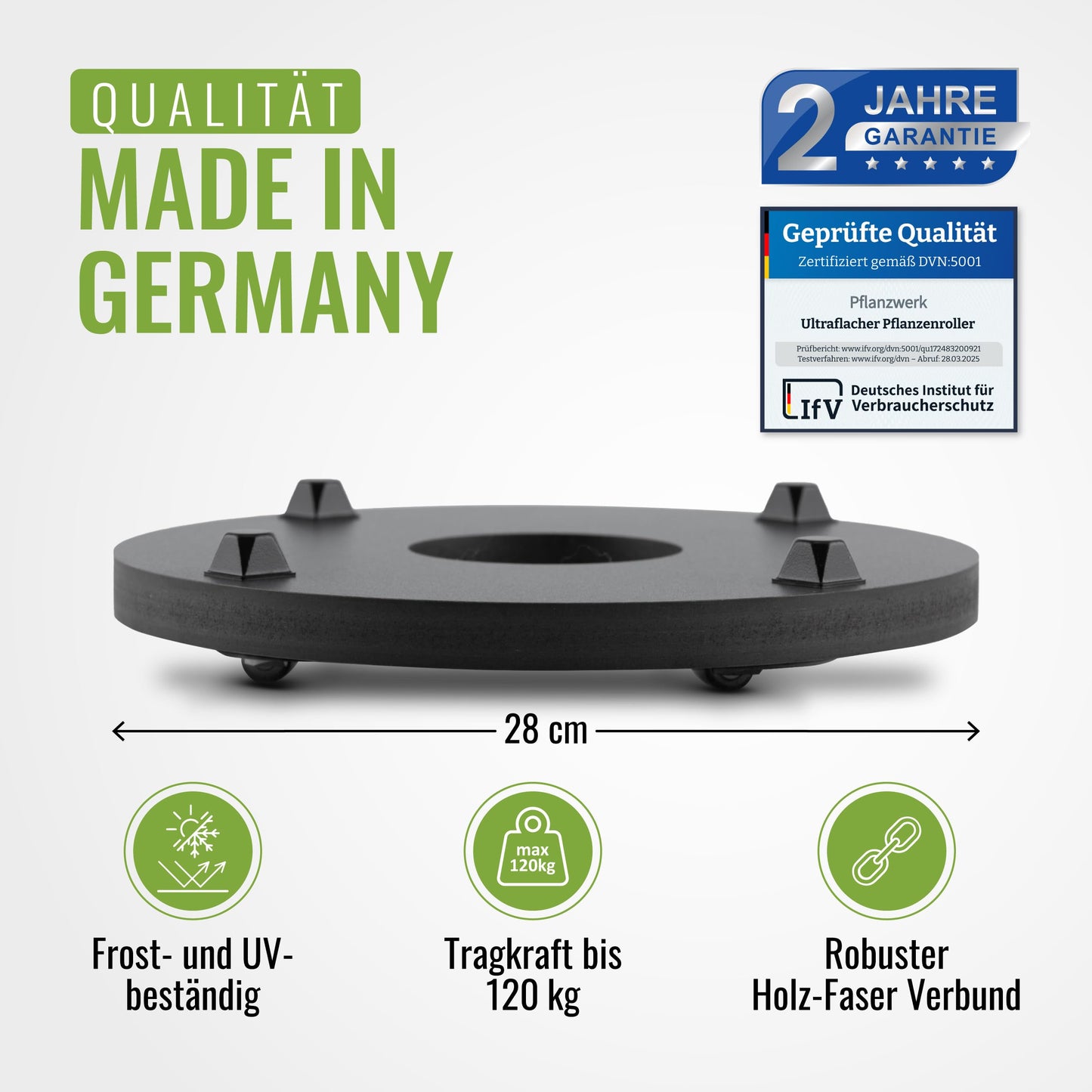 Plantwerk Plant Pot Coaster - Ultra-flat designer plant roller - Ø28cm - Square and round for all flower pots & planters - Indoor & outdoor container roller - 2 year warranty.