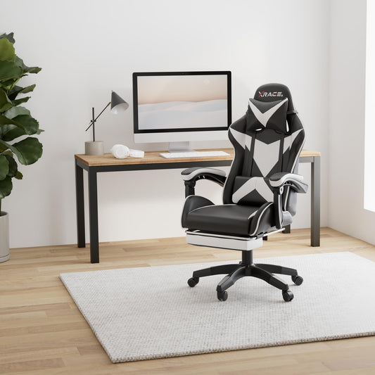 xRace Gaming Chair, Office Chair, Ergonomic PC Chair, Gaming Armchair made of Leather with Lumbar Support, Adjustable Swivel, Task Chairs with Footrest and Headrest, White