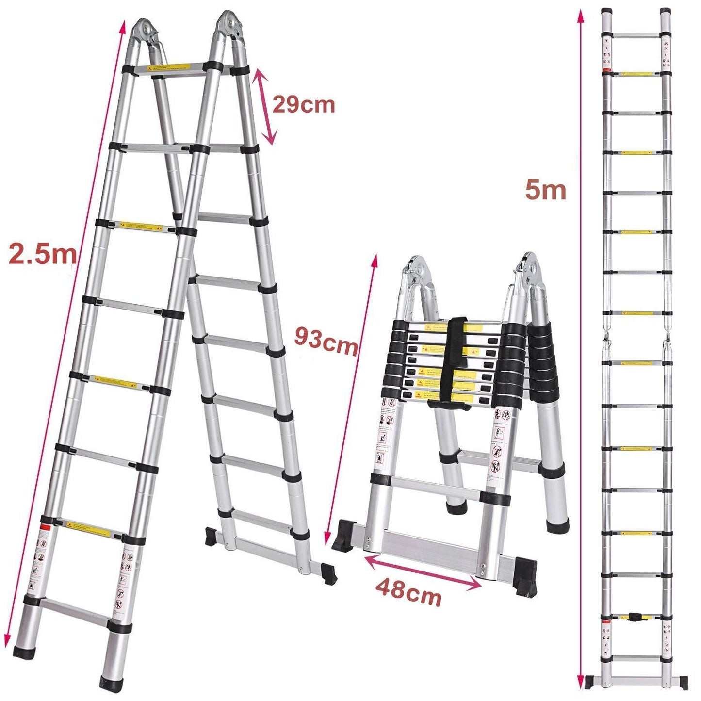 Meditool 5M Aluminum Telescoping Ladder Folding Extendable Multipurpose Ladder Leaning Ladder made of high-quality aluminum telescopic design 150 kg capacity, 8X8 rungs, Silver/Black