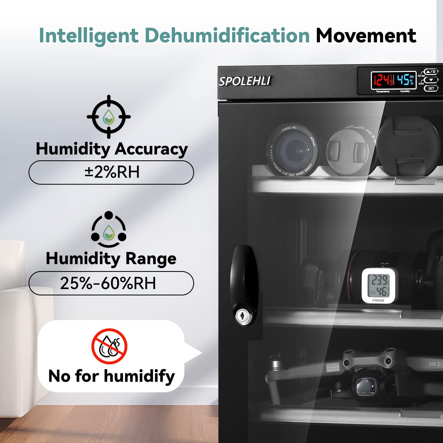 Dependable drying cabinet camera digital control dehumidifier 55L electronic dry box with LED lights silent & energy efficient for camera lens & electronic devices storage